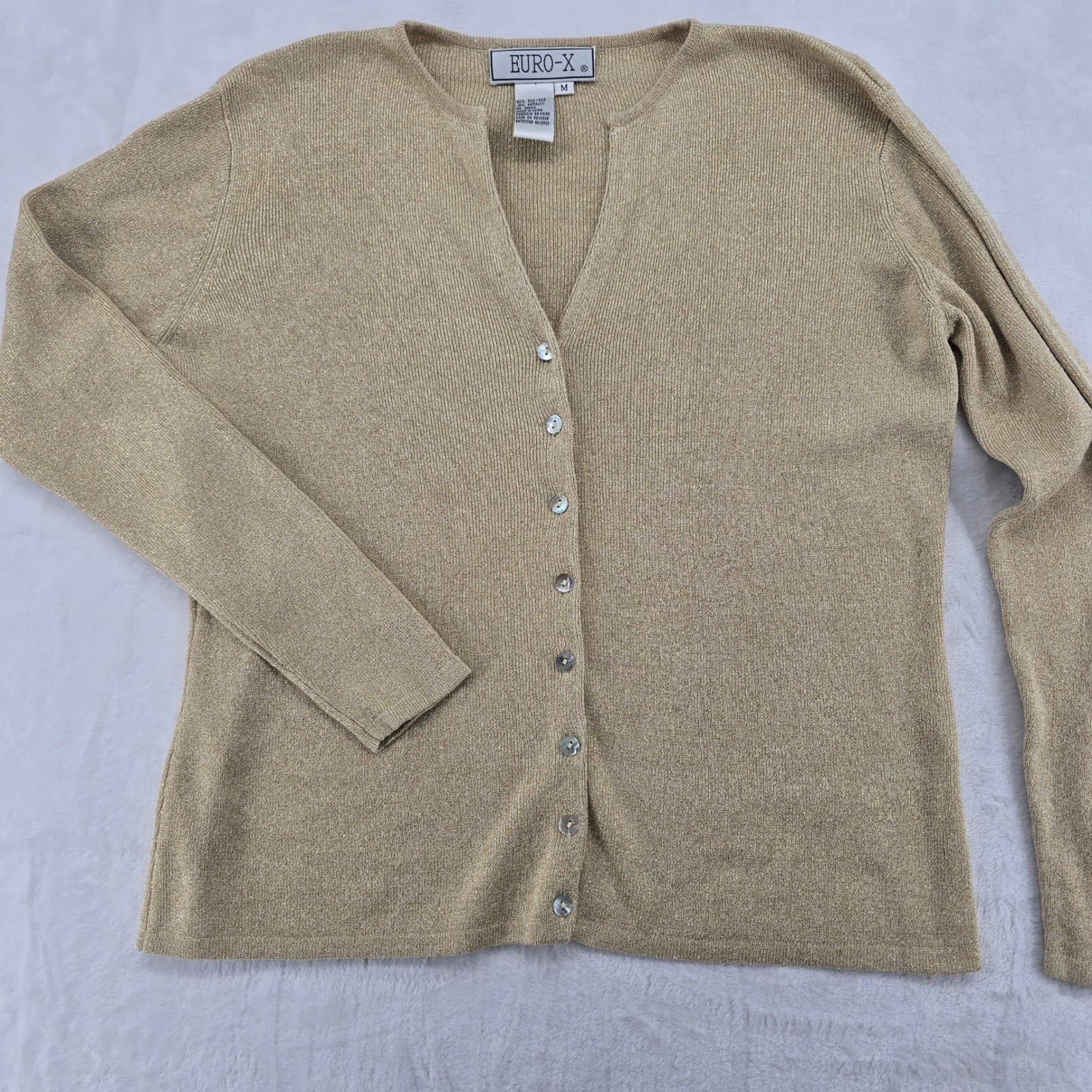 EURO-X Cardigan Womens M Sweater Gold Silk Metallic Knit Button Front V-Neck