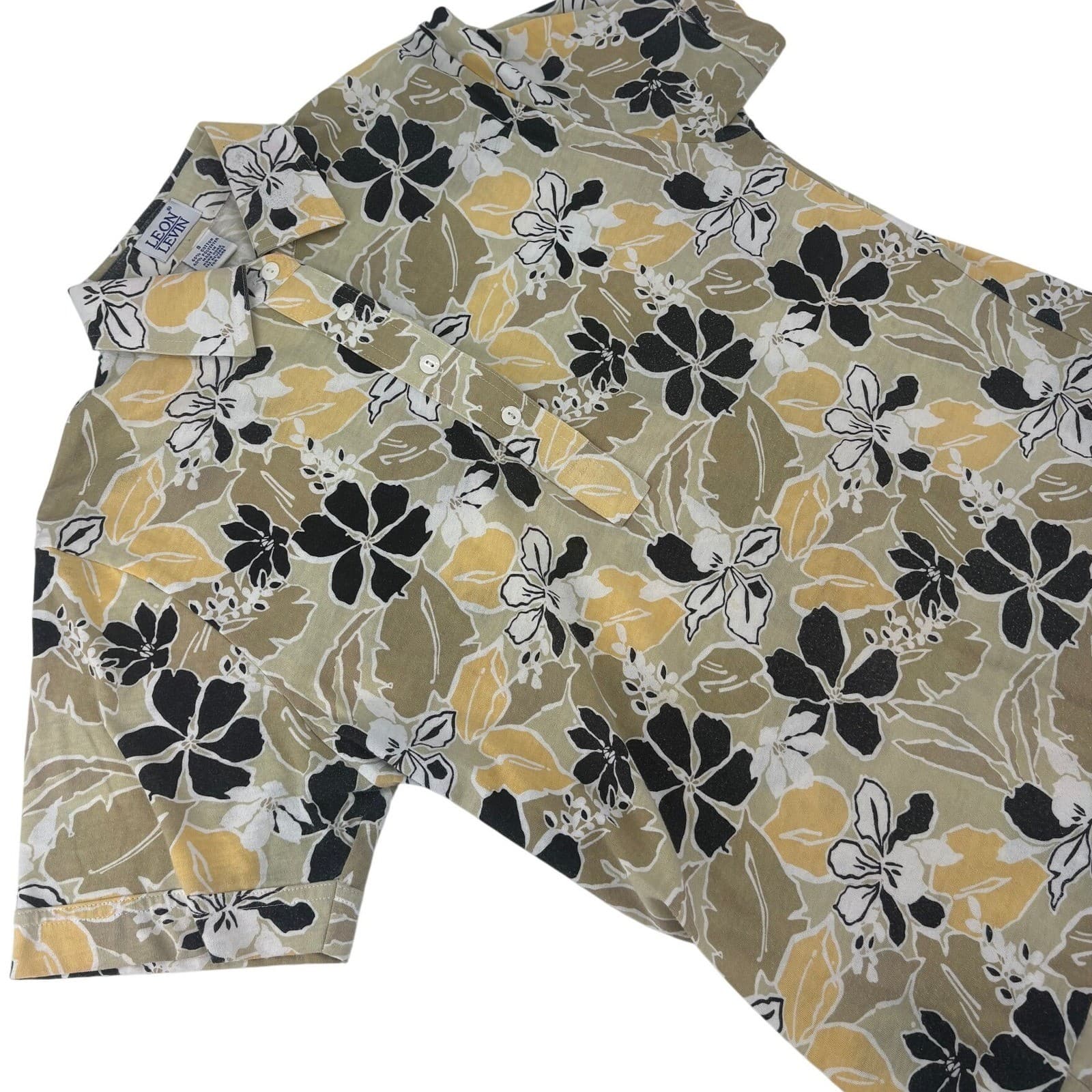 Leon Levin Short Sleeve Polo Shirt Floral Print Size S Tan Yellow Womens