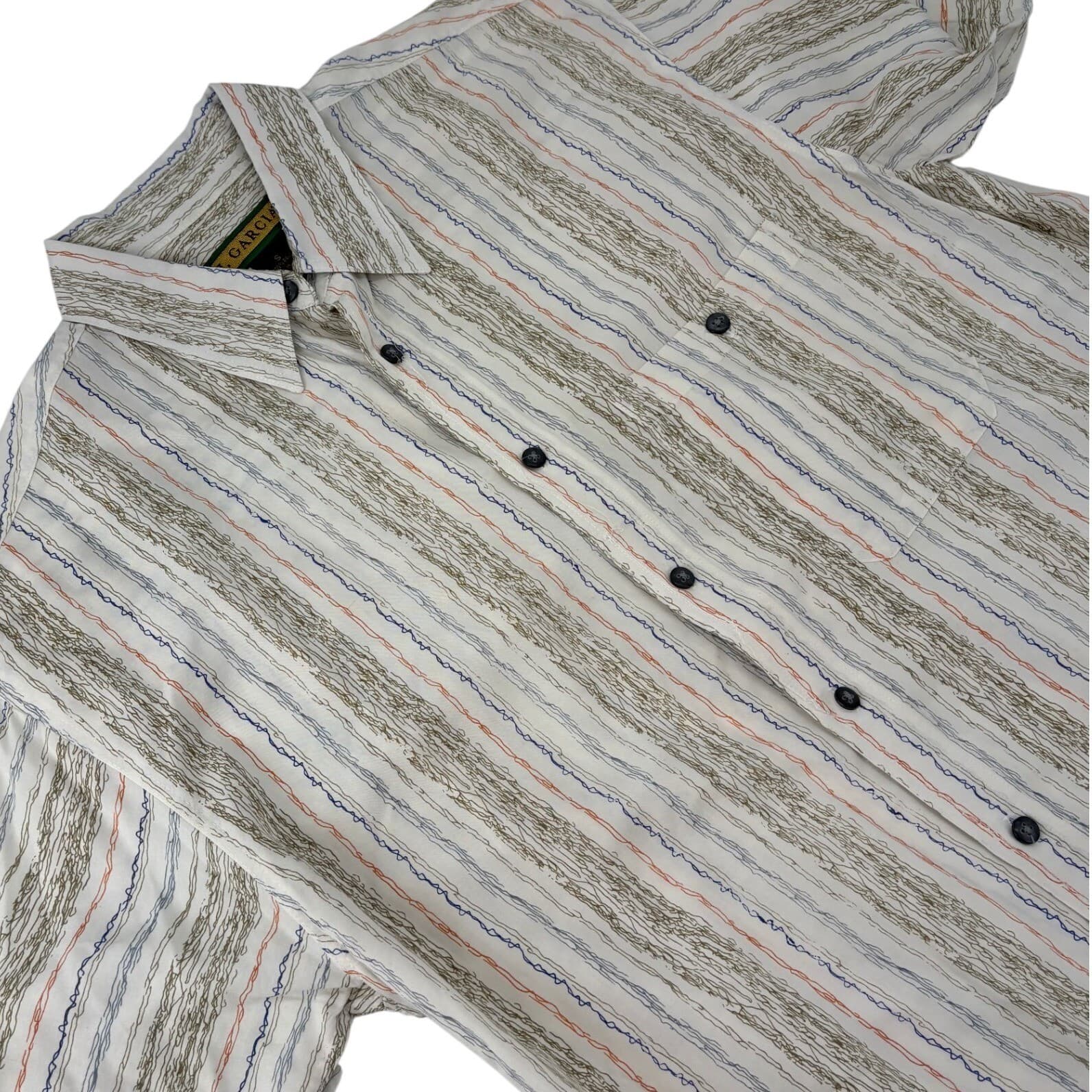 J. Garcia Abstract Stripe Rayon Button Up Shirt Small White Mens Short Sleeve