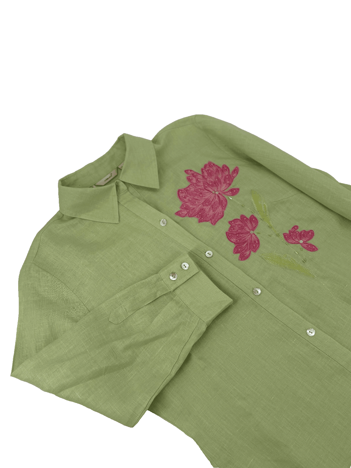 Edward Women’s Linen Blouse S Green Embroidered Floral Button Front Spring