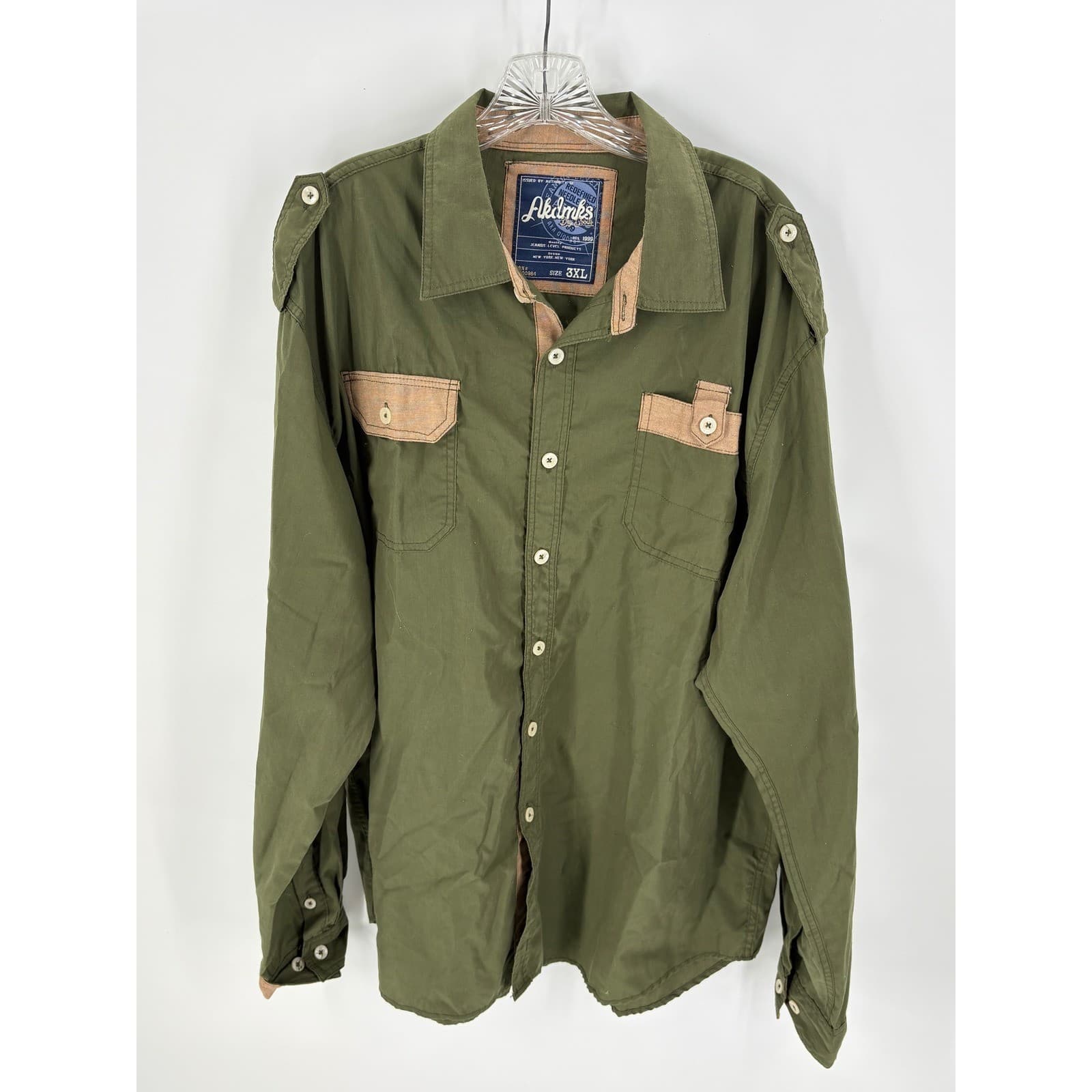 Akdmks Dry Goods Mens 3XL Olive Green Button Up Long Sleeve Shirt Jeanus Level