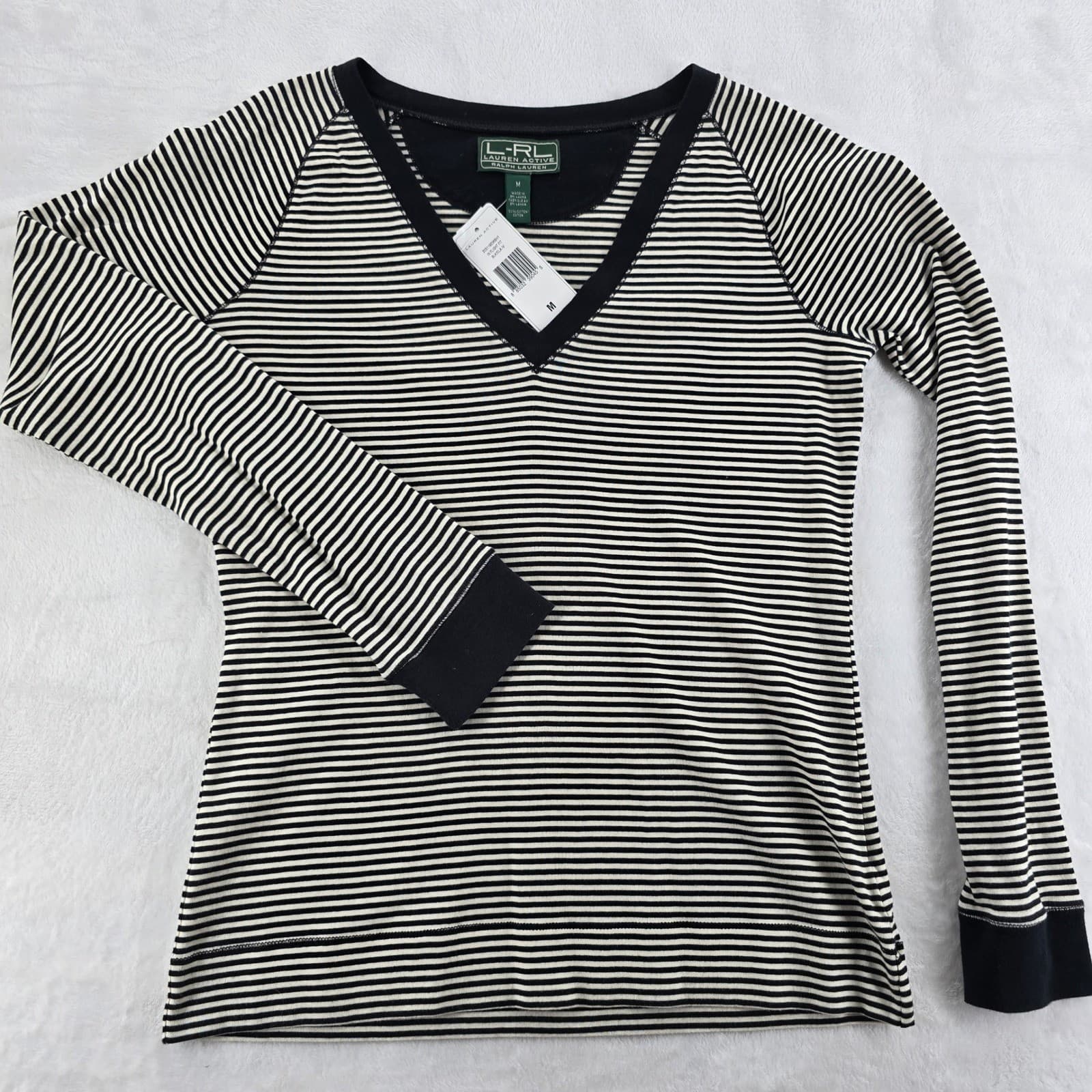 Lauren Active Ralph Lauren Top Womens M Shirt Black White Striped V-Neck Cotton