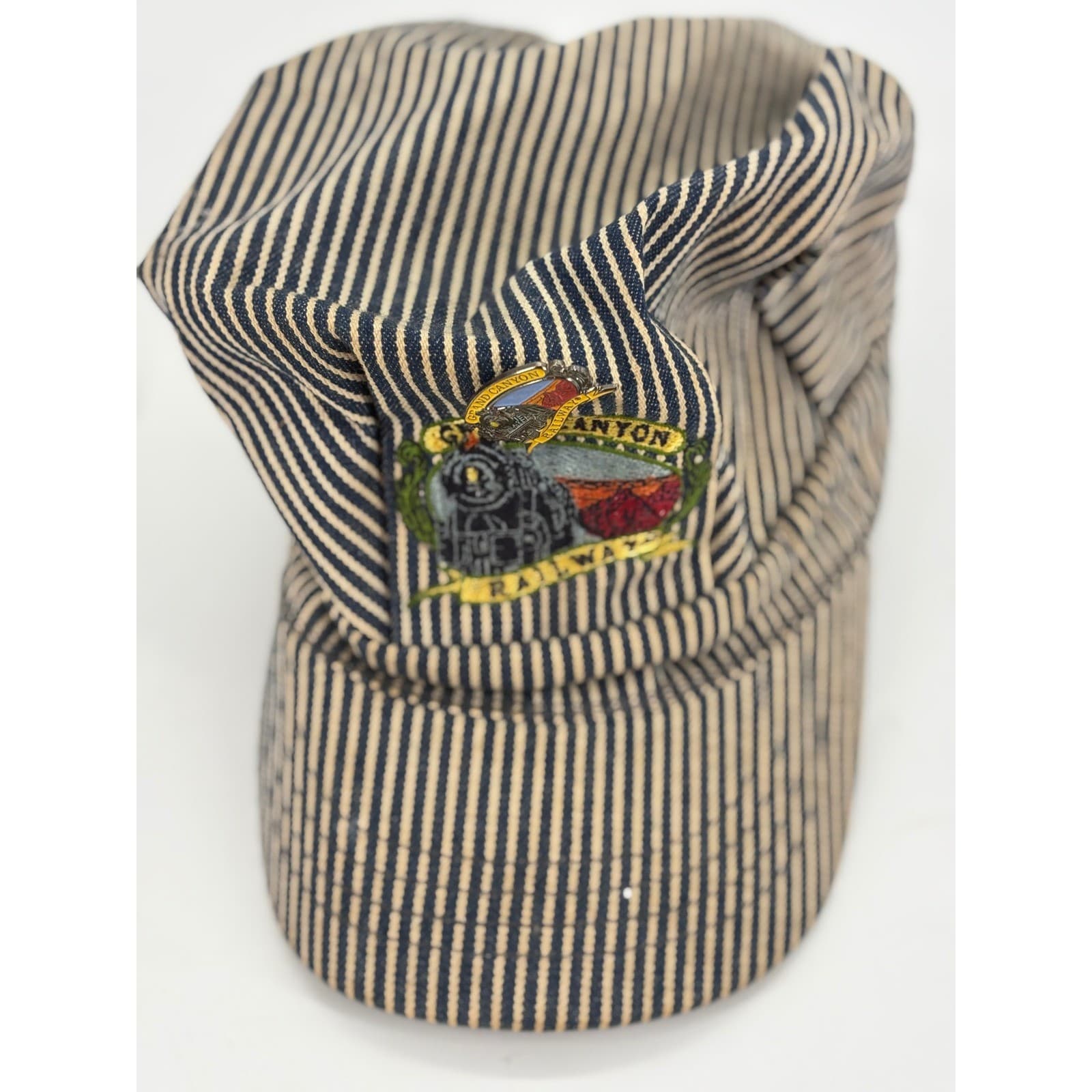Grand Canyon Railway Hat Mens OSFM Engineer Cap Blue Hickory Stripe Railroad