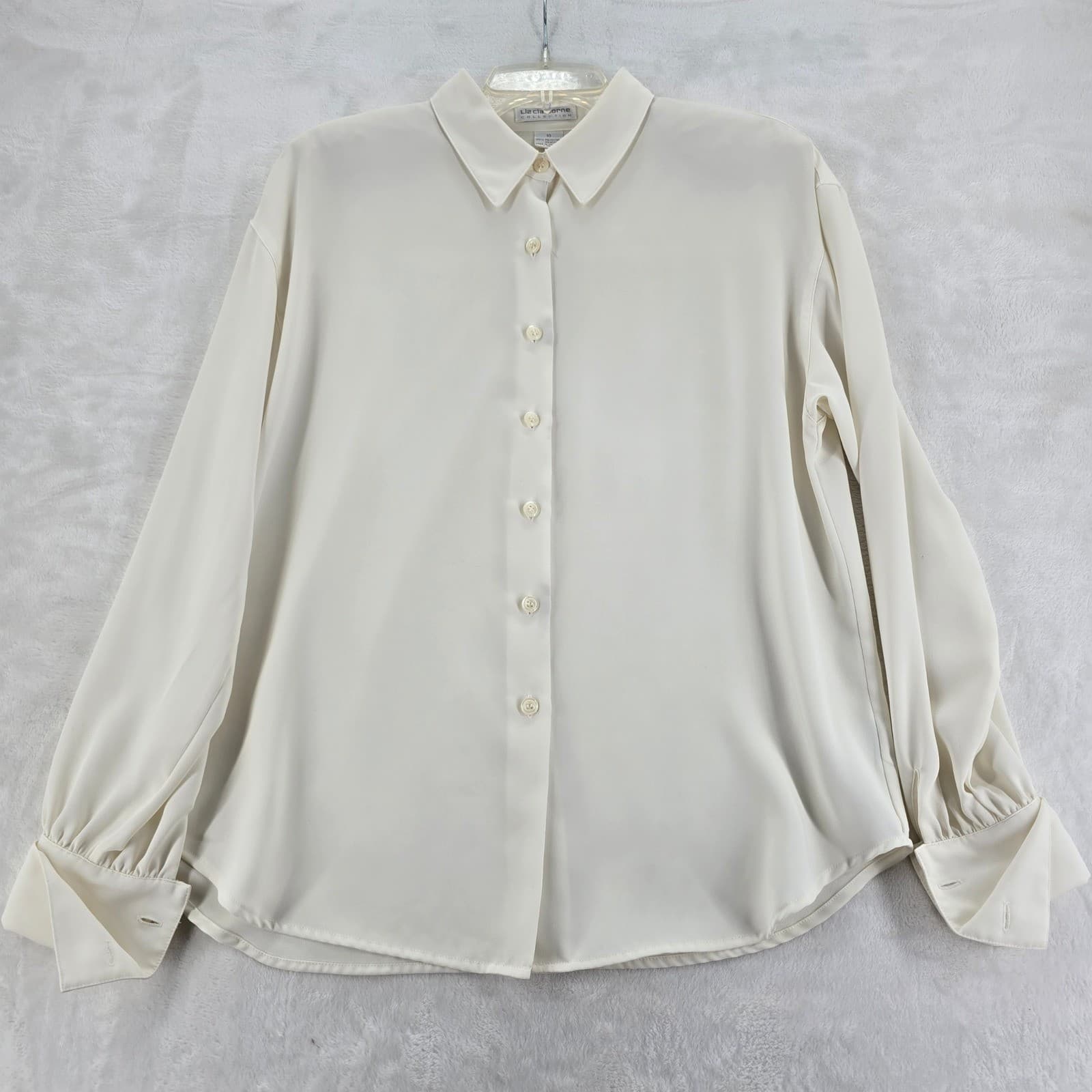 Liz Claiborne Blouse Womens 10 Button Up Ivory Long Sleeve Solid Office