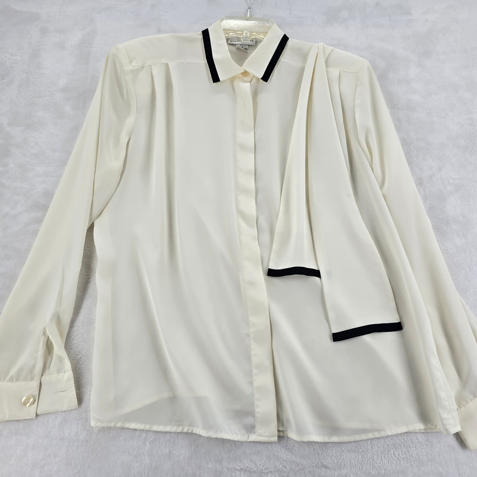 Evan-Picone Blouse Womens 10 Button Down Cream Black Scarf Detail Long Sleeve