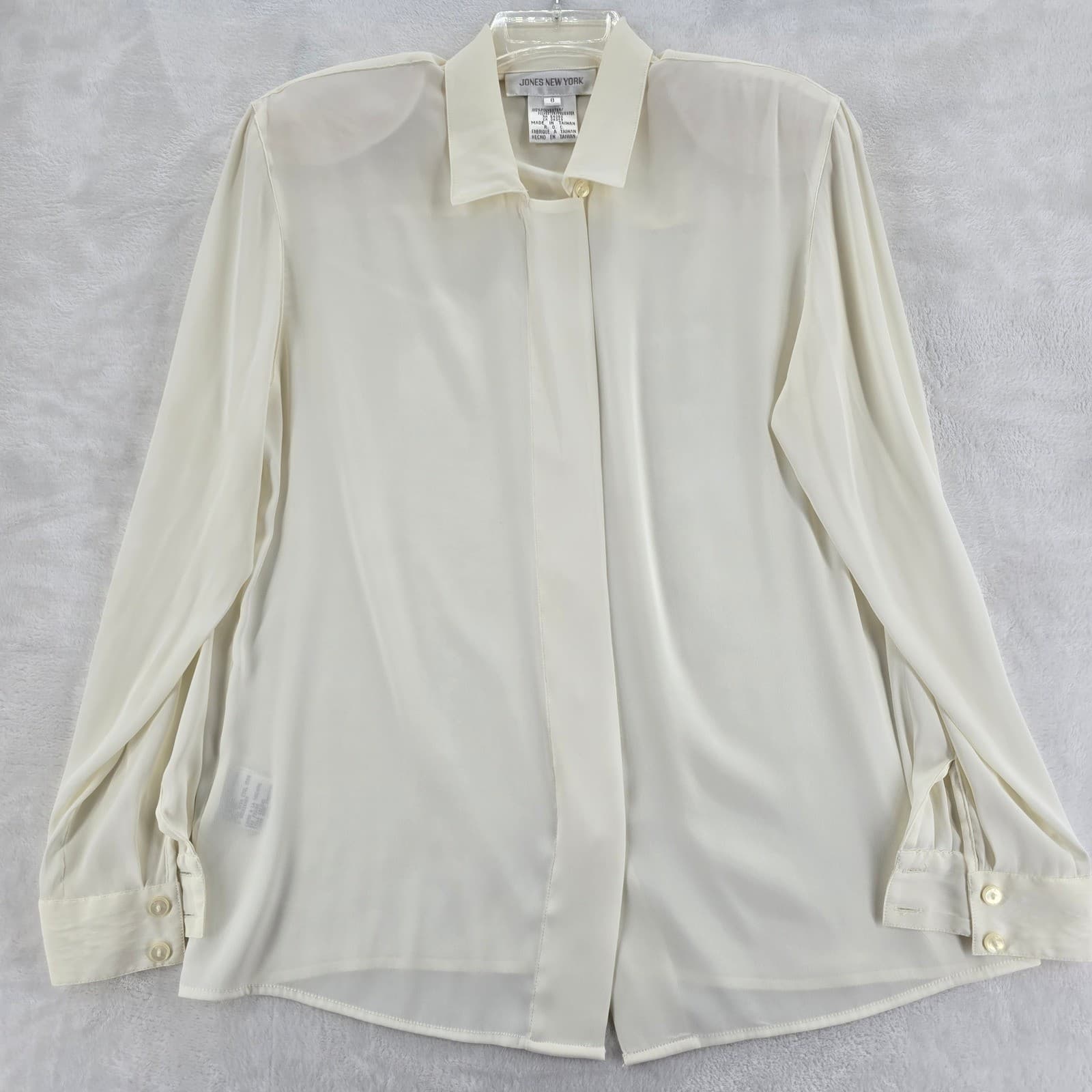 Jones New York Blouse Womens 8 Button Down Cream Long Sleeve Solid Career Office