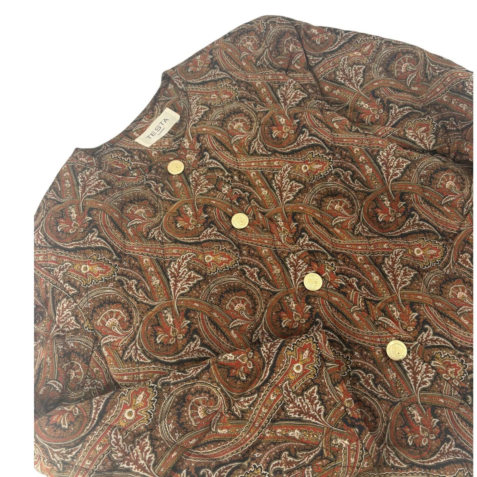 Testa Di Moda Jacket Womens XL Quilted Paisley Brown Gold Button Blazer Vintage