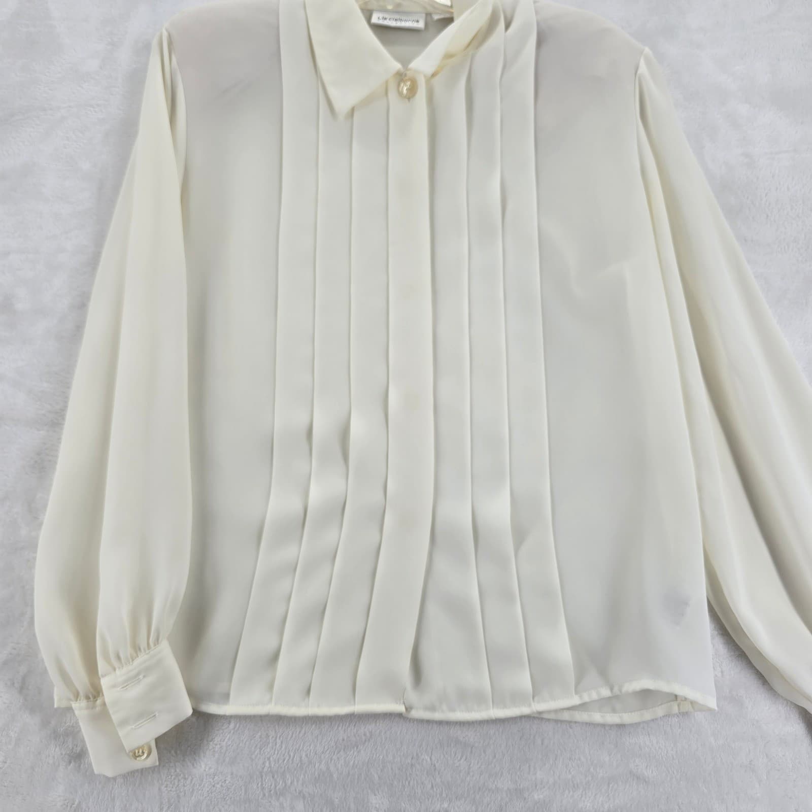 Liz Claiborne Blouse Womens 8 Top Cream Pleated Button Front Long Sleeve