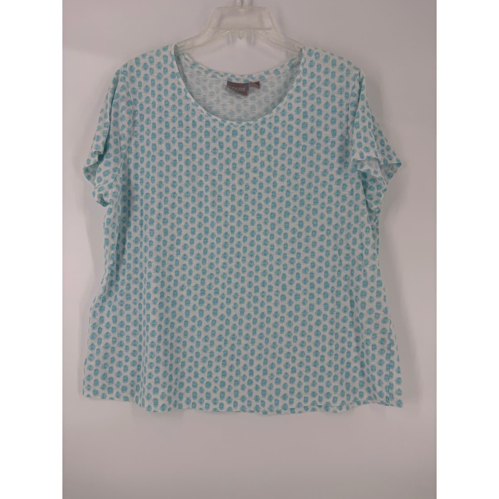 Chicos Womens Size 3 Aqua White Geometric Print Short Sleeve Top