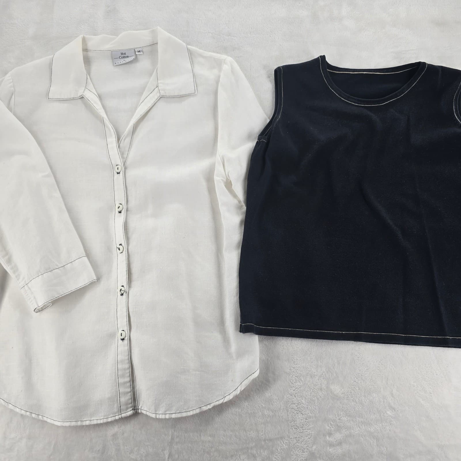 Hot Cotton Marc Ware 2pc Womens M Shirt Tank White Navy Blue Linen Blend