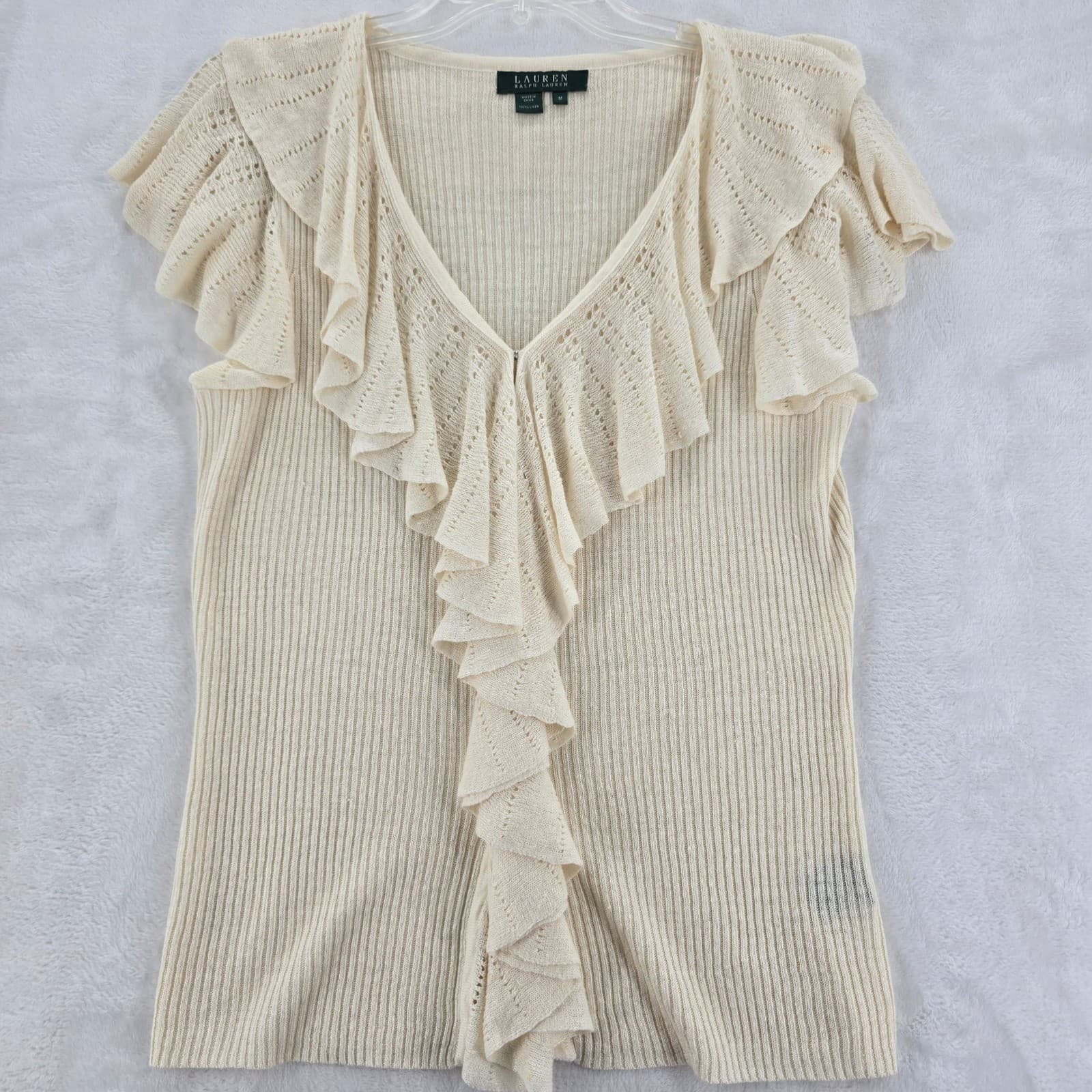 Lauren Ralph Lauren Top Womens M Shirt Cream Ruffle V-Neck 100% Linen Ribbed A2