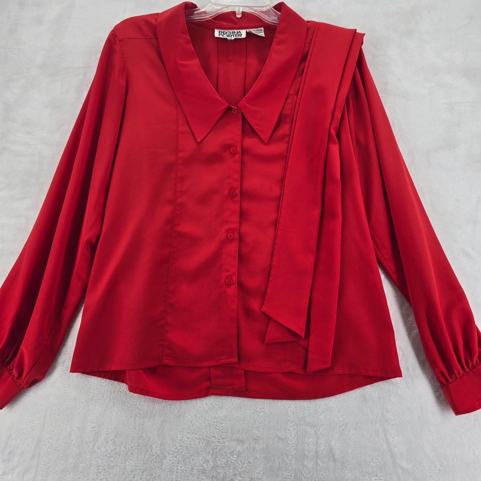 Regina Porter Button Up Womens 10 Blouse Red Long Sleeve Scarf Tie Neck Vintage