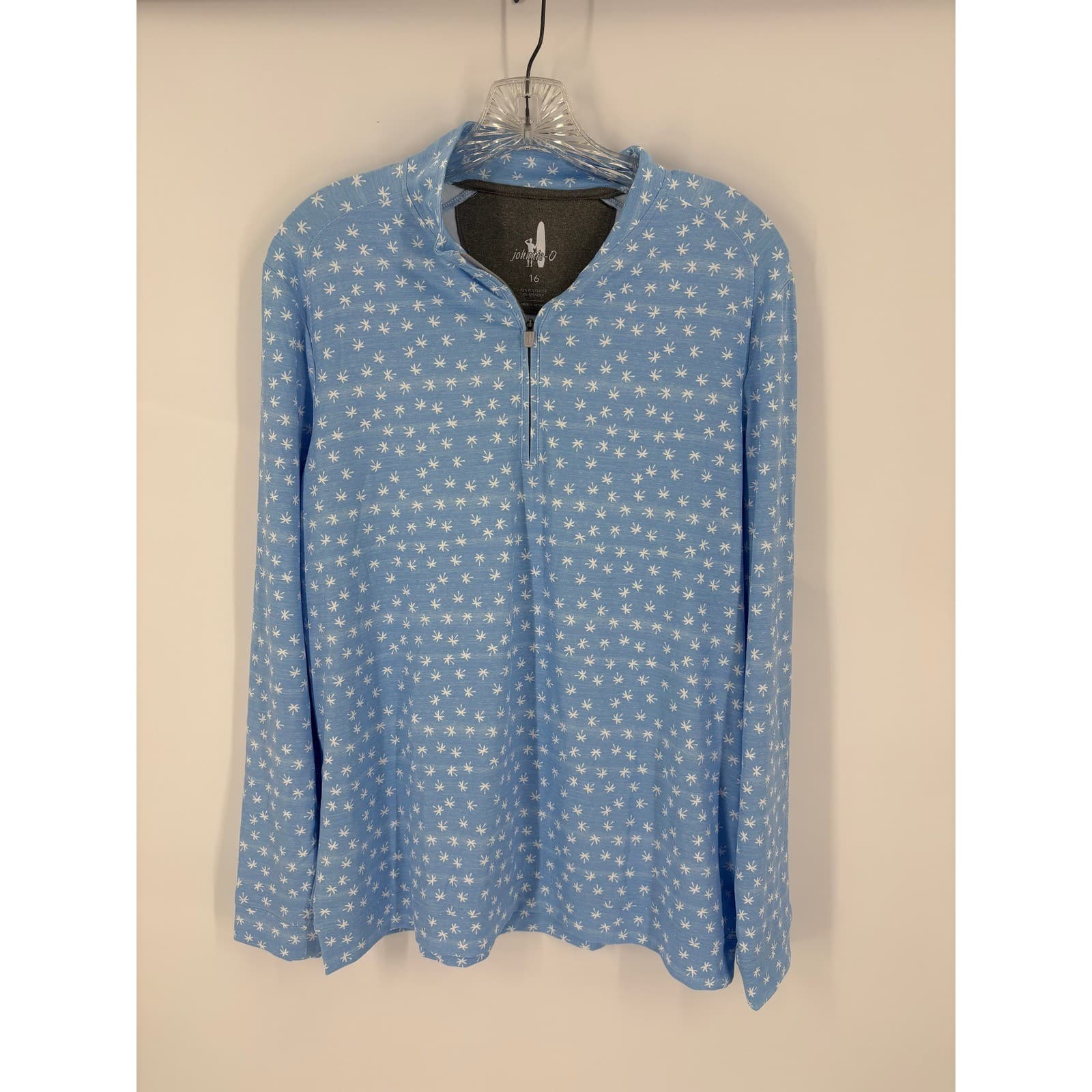 Johnnie O Womens Long Sleeve Quarter Zip Golf Pullover Shirt Blue Print Size 16