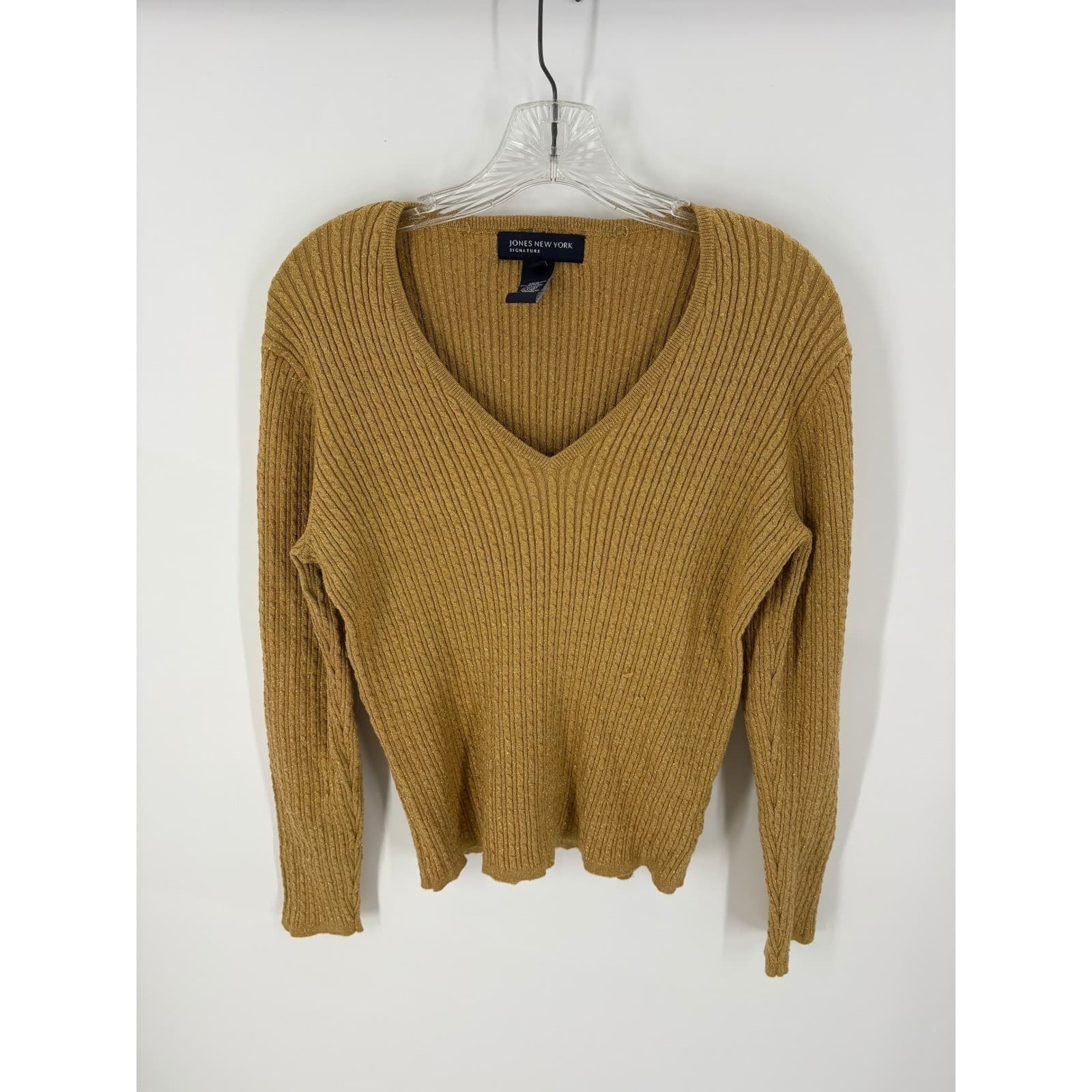 Jones New York Signature Gold Sparkle Knit V Neck Sweater Long Sleeve Size M