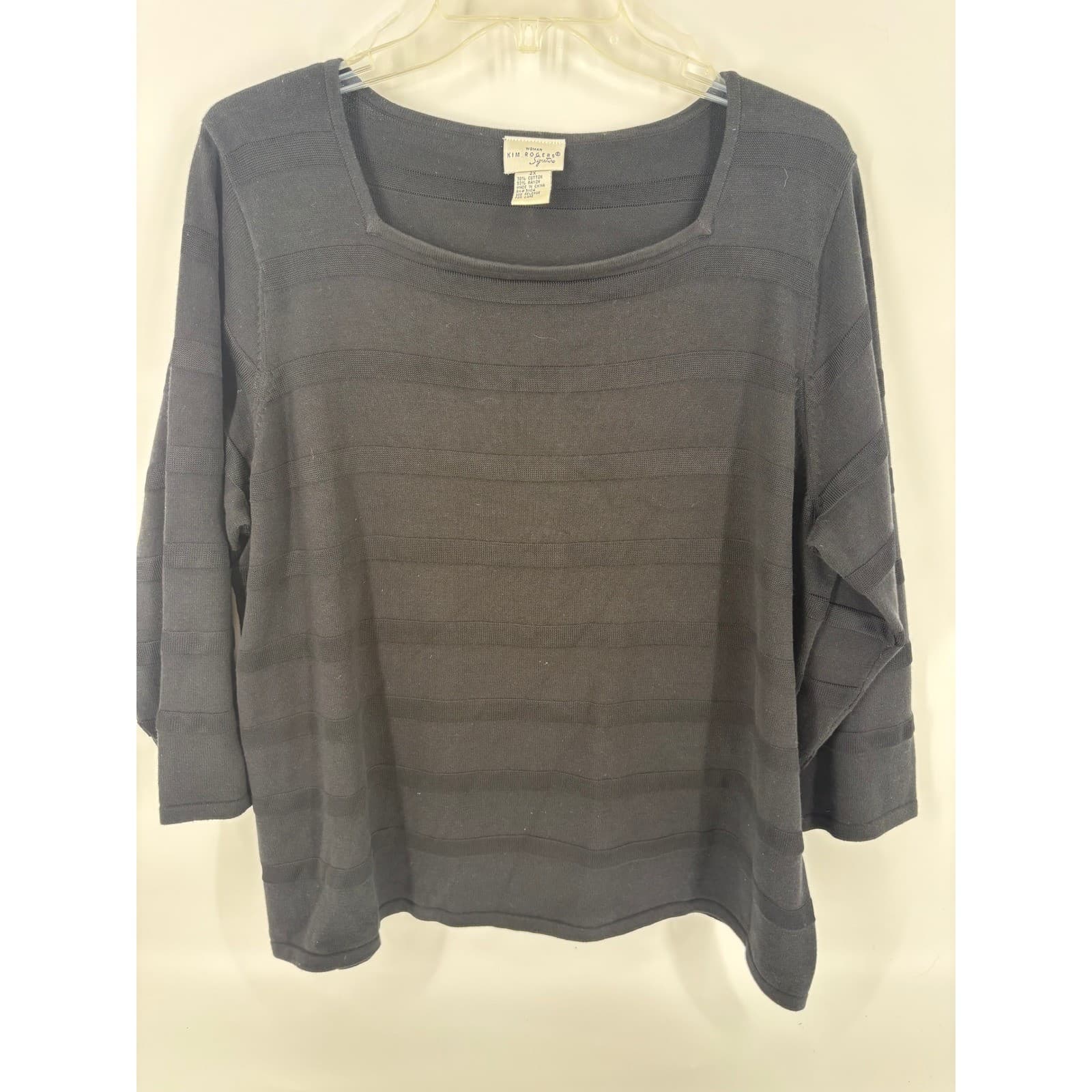 Kim Rogers Signature 2X Black Knit Top Square Neck 3/4 Sleeve Pullover
