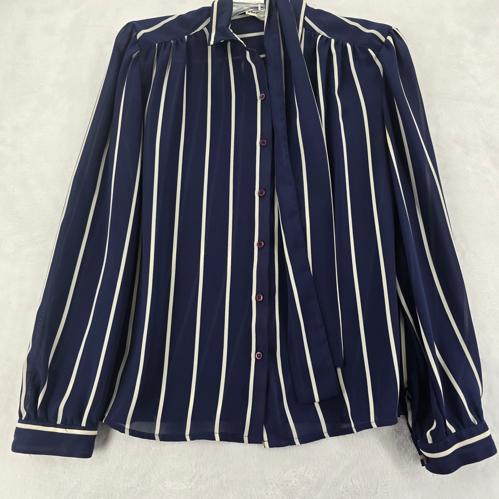 Personal Blouse Womens 12 Button Up Navy Blue White Striped Neck Tie Long Sleeve