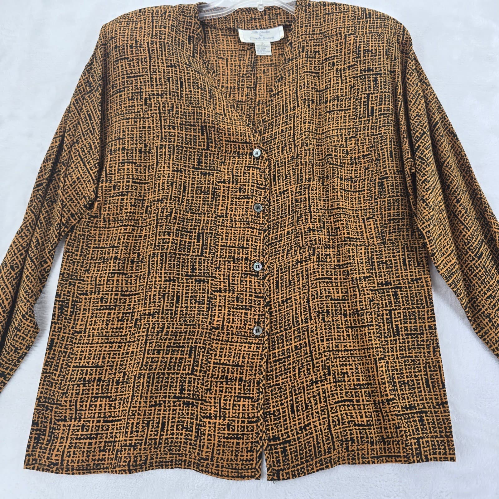 Silk Studio Claude Bennett Blouse Womens 6 Button Up Brown Abstract Silk Top