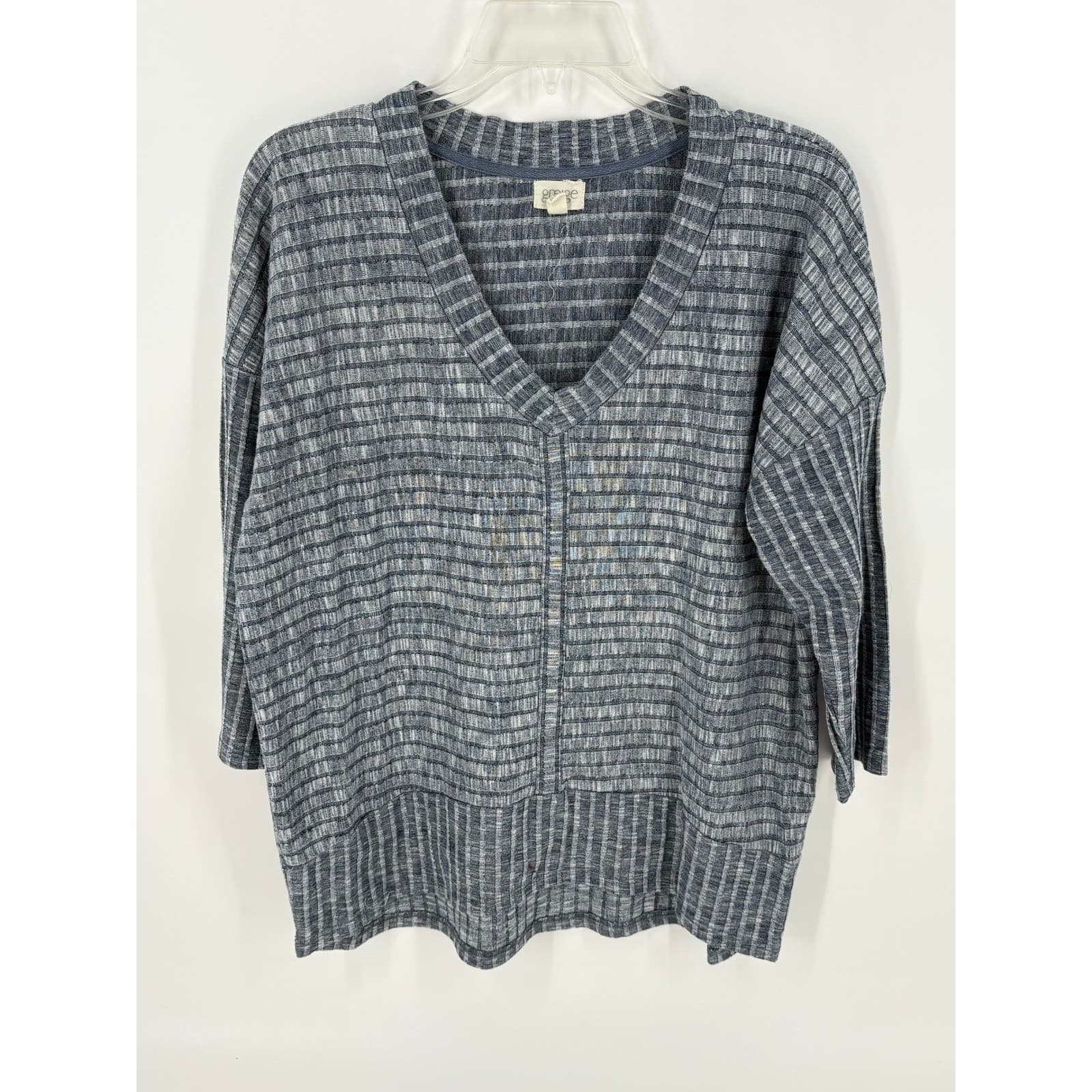 Greige Womens XL/TG Gray Striped V Neck 3/4 Sleeve Knit Top Casual Blouse *
