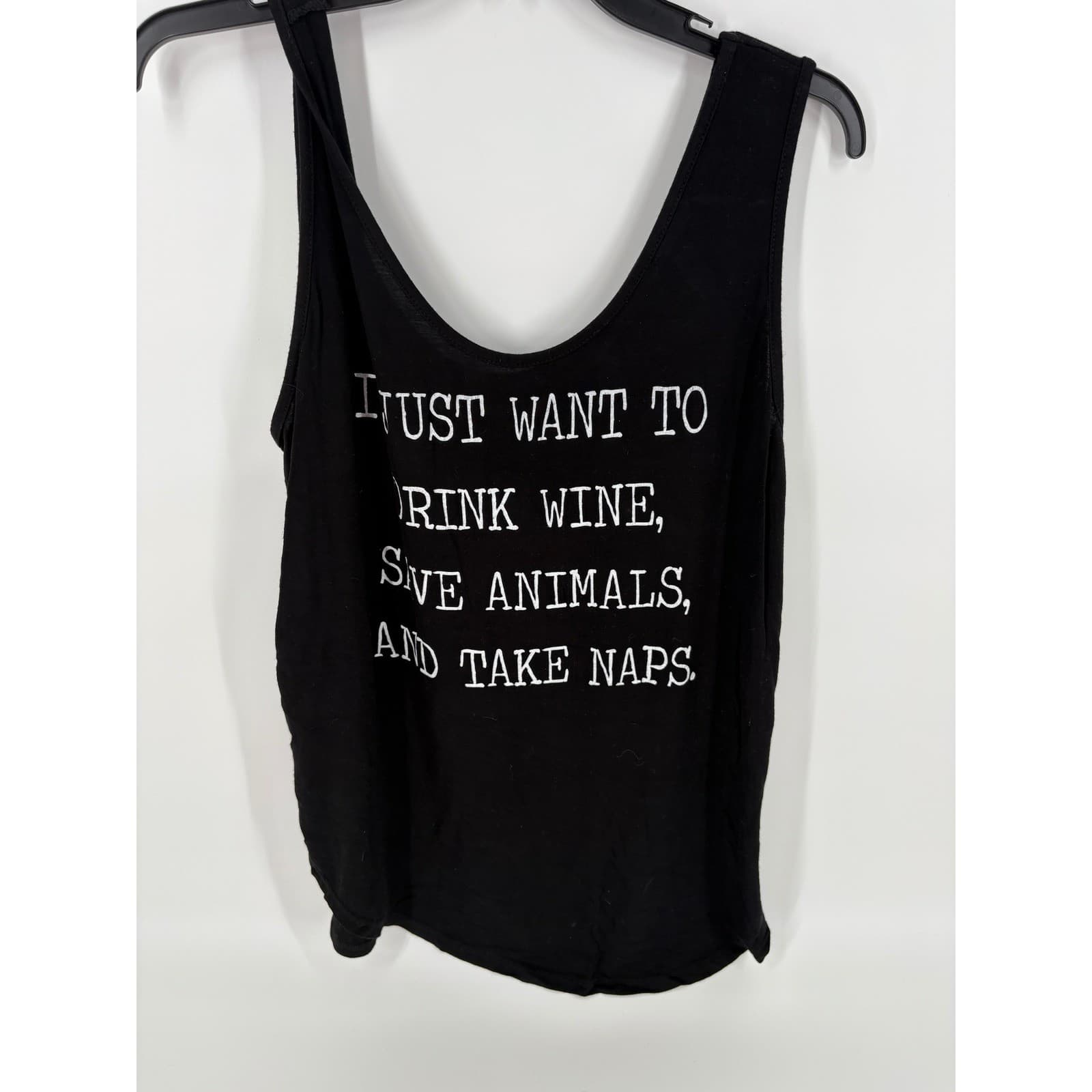 SuperDuperClothing Black Graphic Tank Top Drink Wine Save Animals Naps *