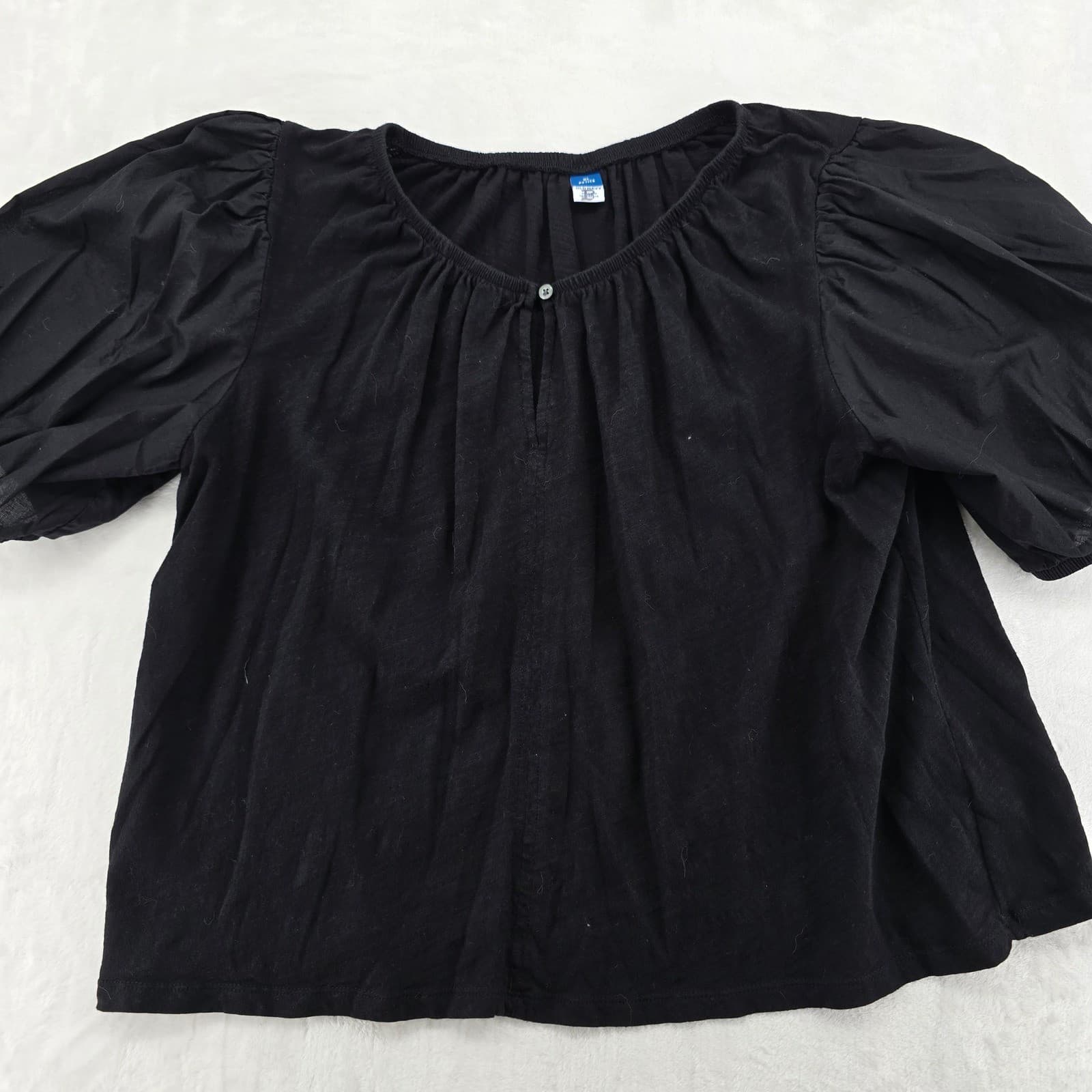 Old Navy Blouse Womens XL Petite Top Black Puff Sleeve Cotton Keyhole