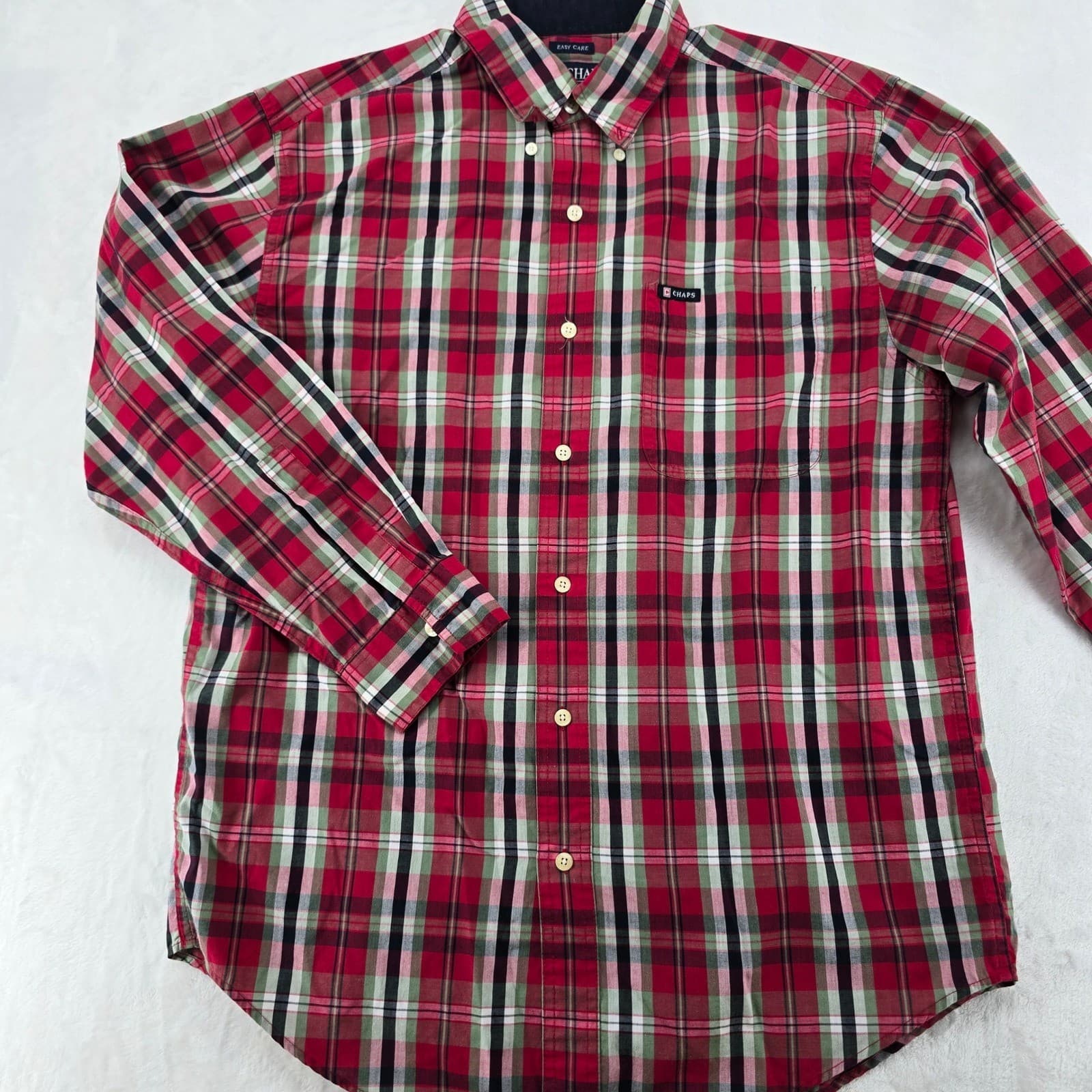 Chaps Button Down Mens Medium Shirt Red Green Plaid Easy Care Long Sleeve