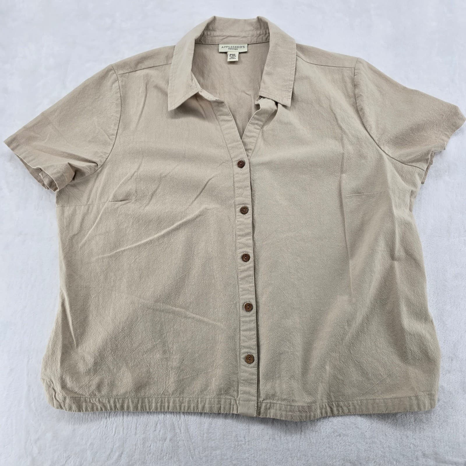 Appleseed's Button Down Womens PXL Shirt Tan Cotton Short Sleeve