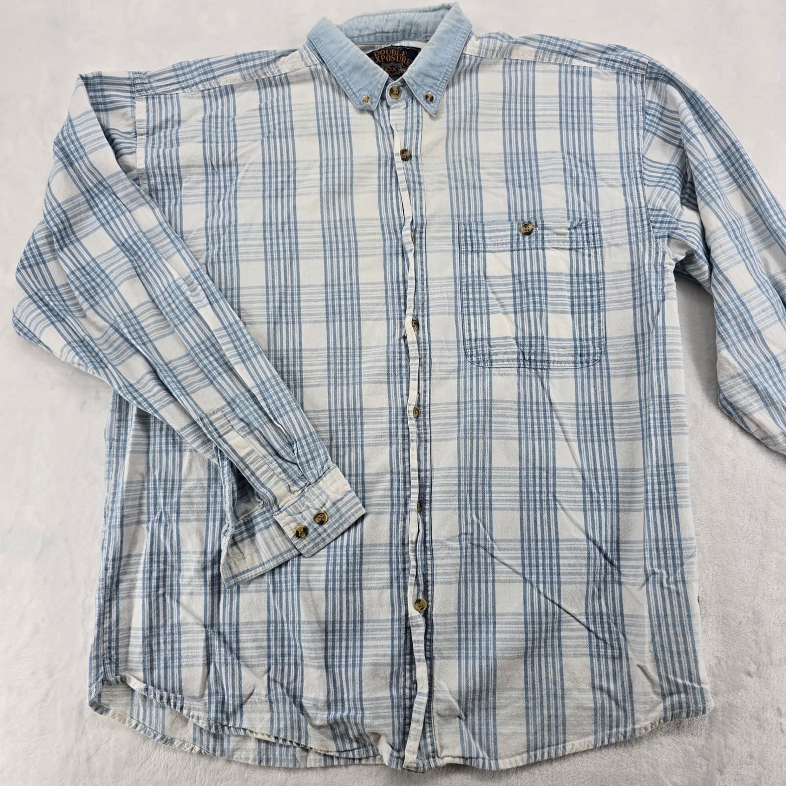 Double Exposure Shirt Mens L Button Down Blue White Plaid Cotton Long Sleeve