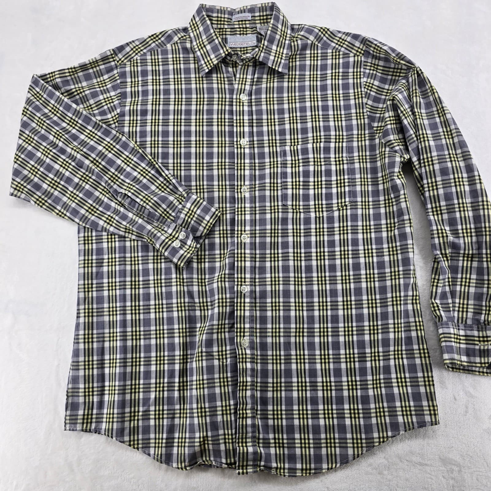 Wedgefield Button Down Mens L Shirt Grey Yellow Plaid Long Sleeve Pocket 6828