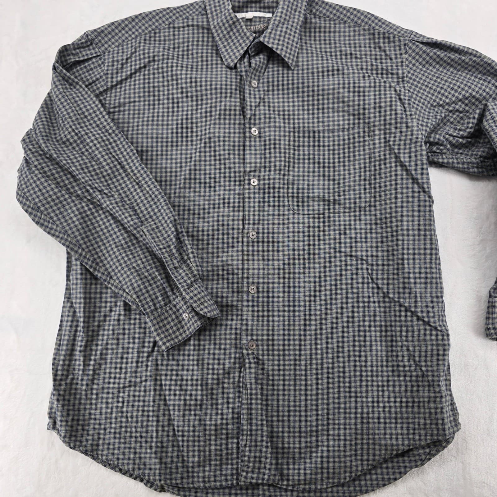 Perry Ellis Button Down Mens L Shirt Blue Grey Plaid Perry Cottons Long Sleeve