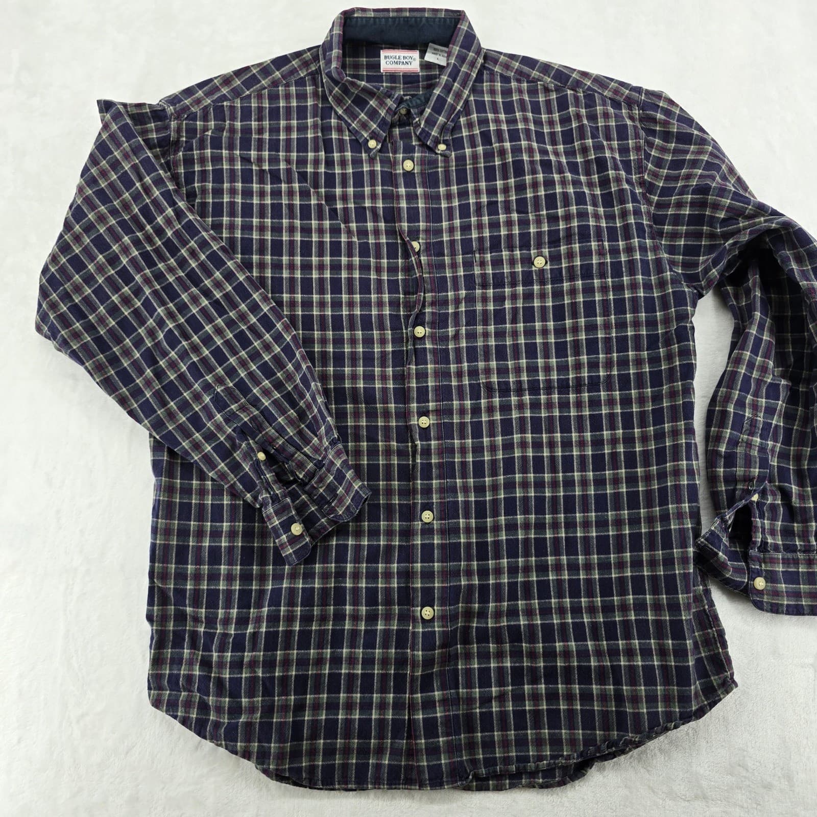 Bugle Boy Shirt Mens L Button Front Navy Blue Plaid Flannel Long Sleeve Cotton