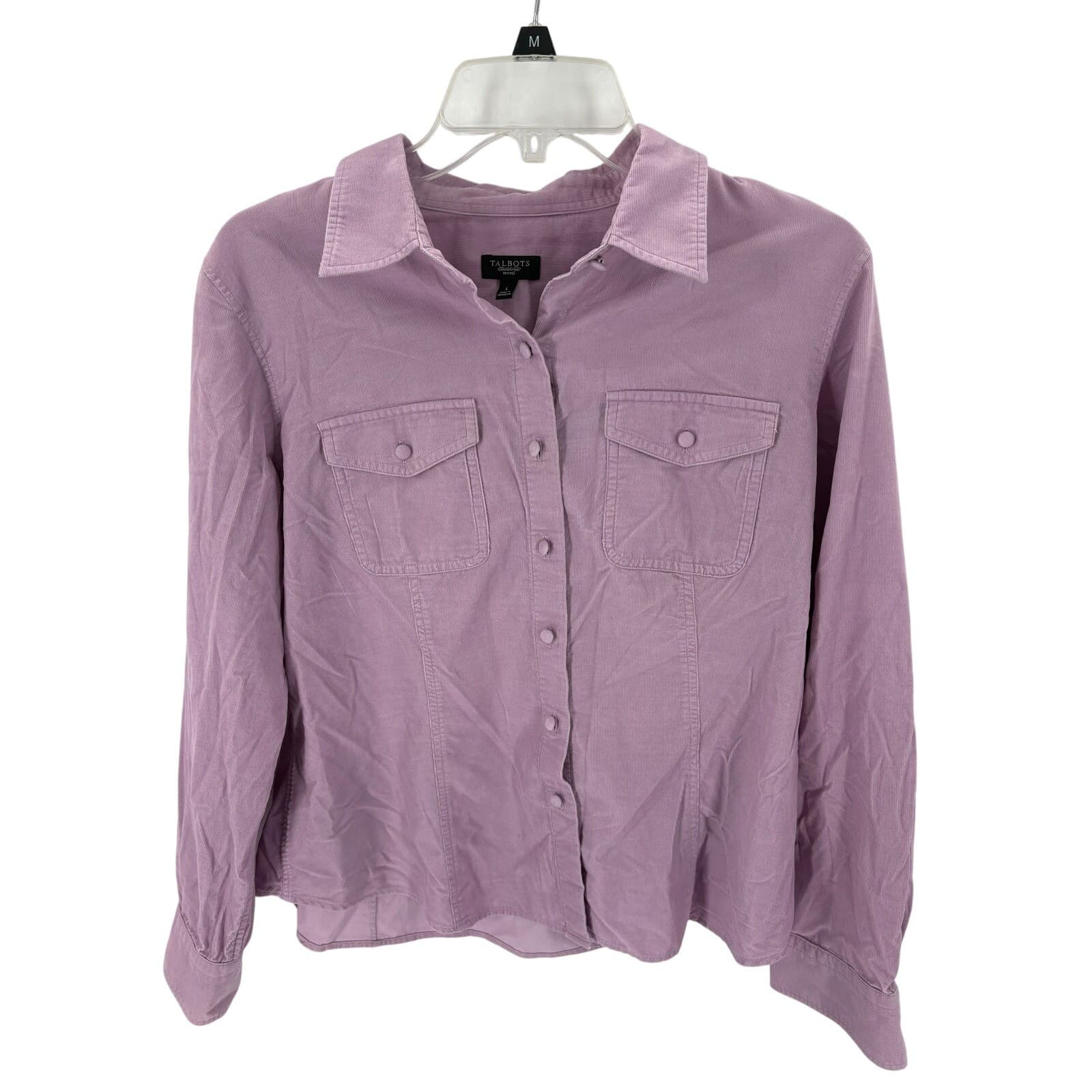 Talbots Women's Lavender Corduroy Button-Down Shirt Petite L Long Sleeve Pockets