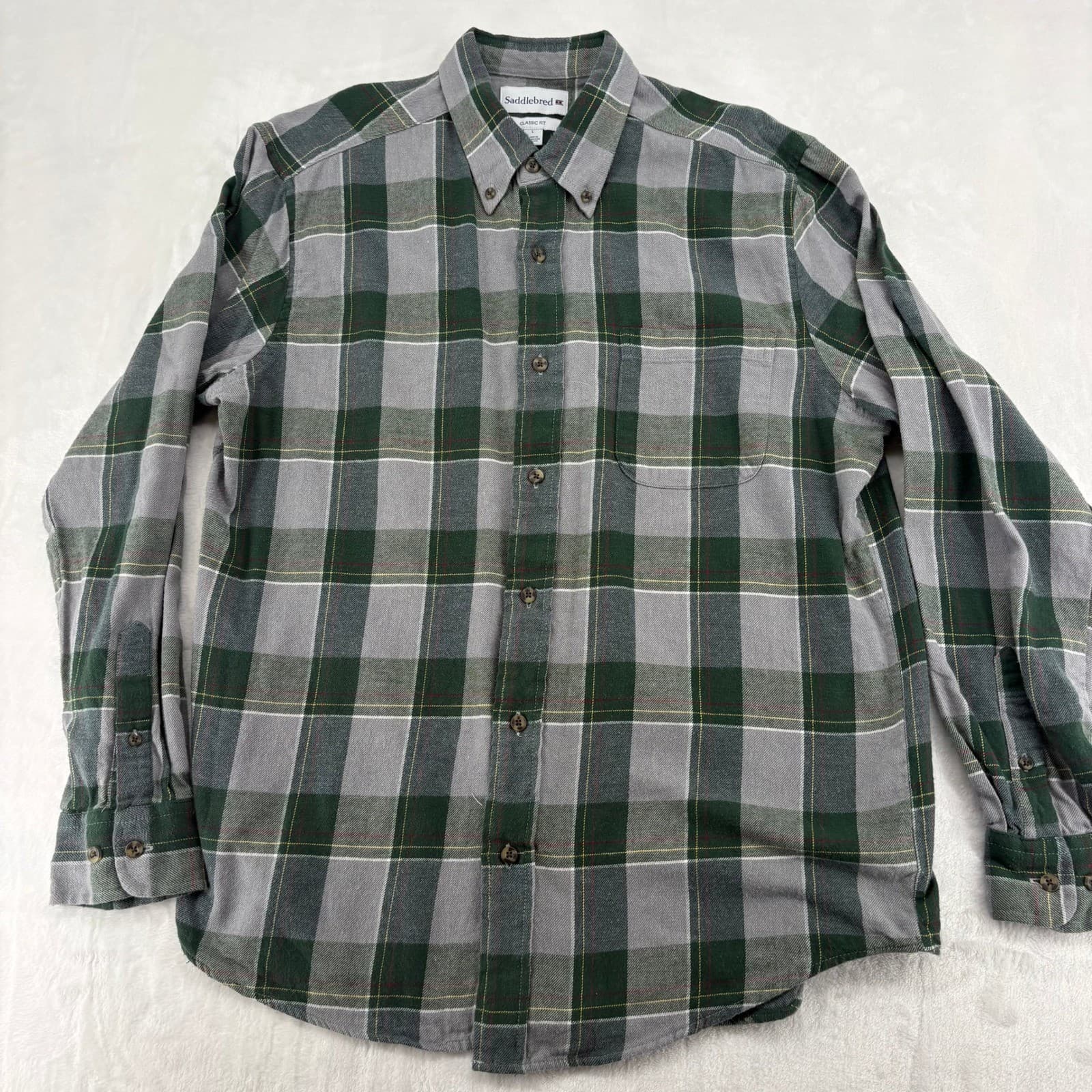 Saddlebred Flannel Mens L Shirt Green Grey Plaid Classic Fit Cotton Long Sleeve