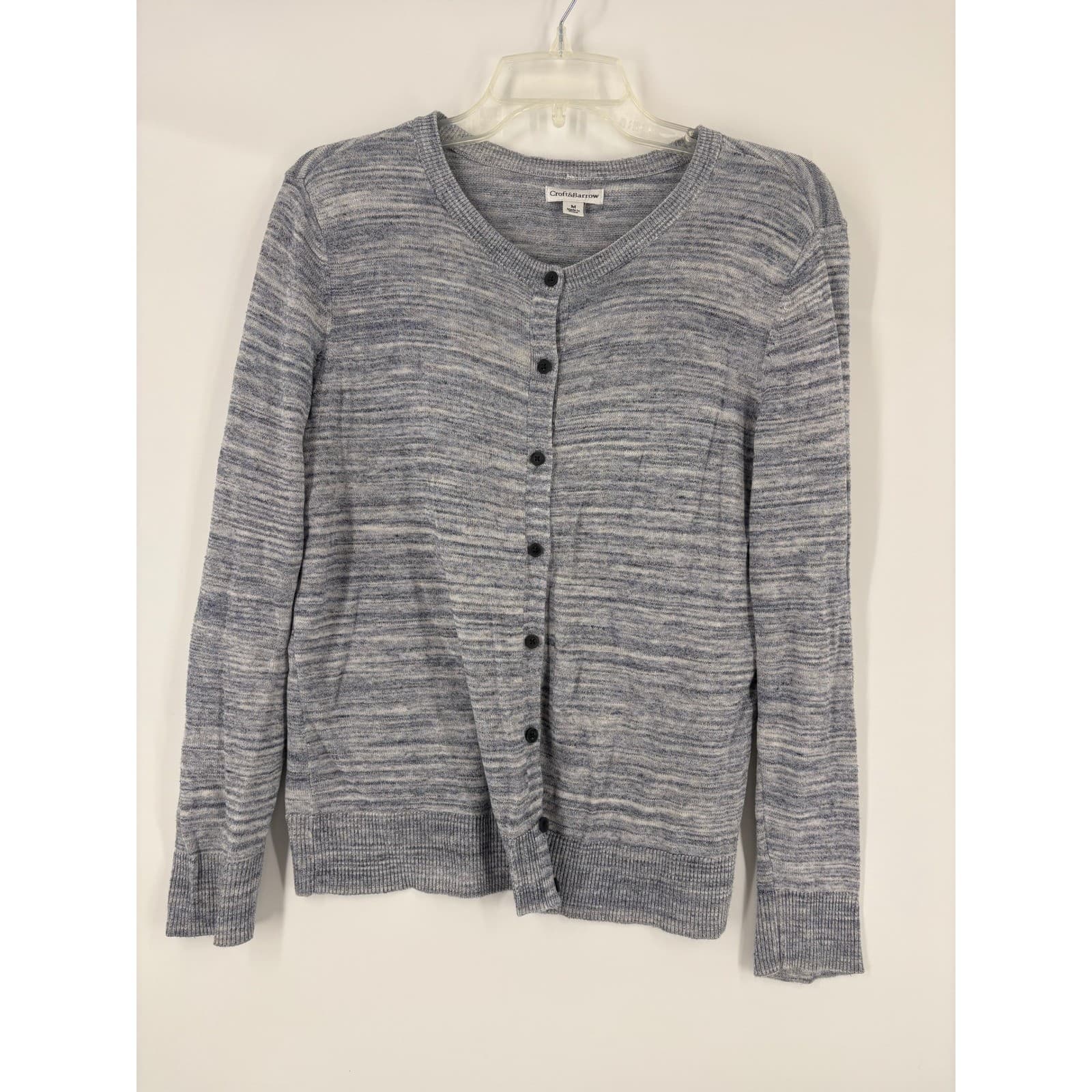 Croft & Barrow Womens Cardigan Sweater Gray Blue Marled Knit Button Front Size M