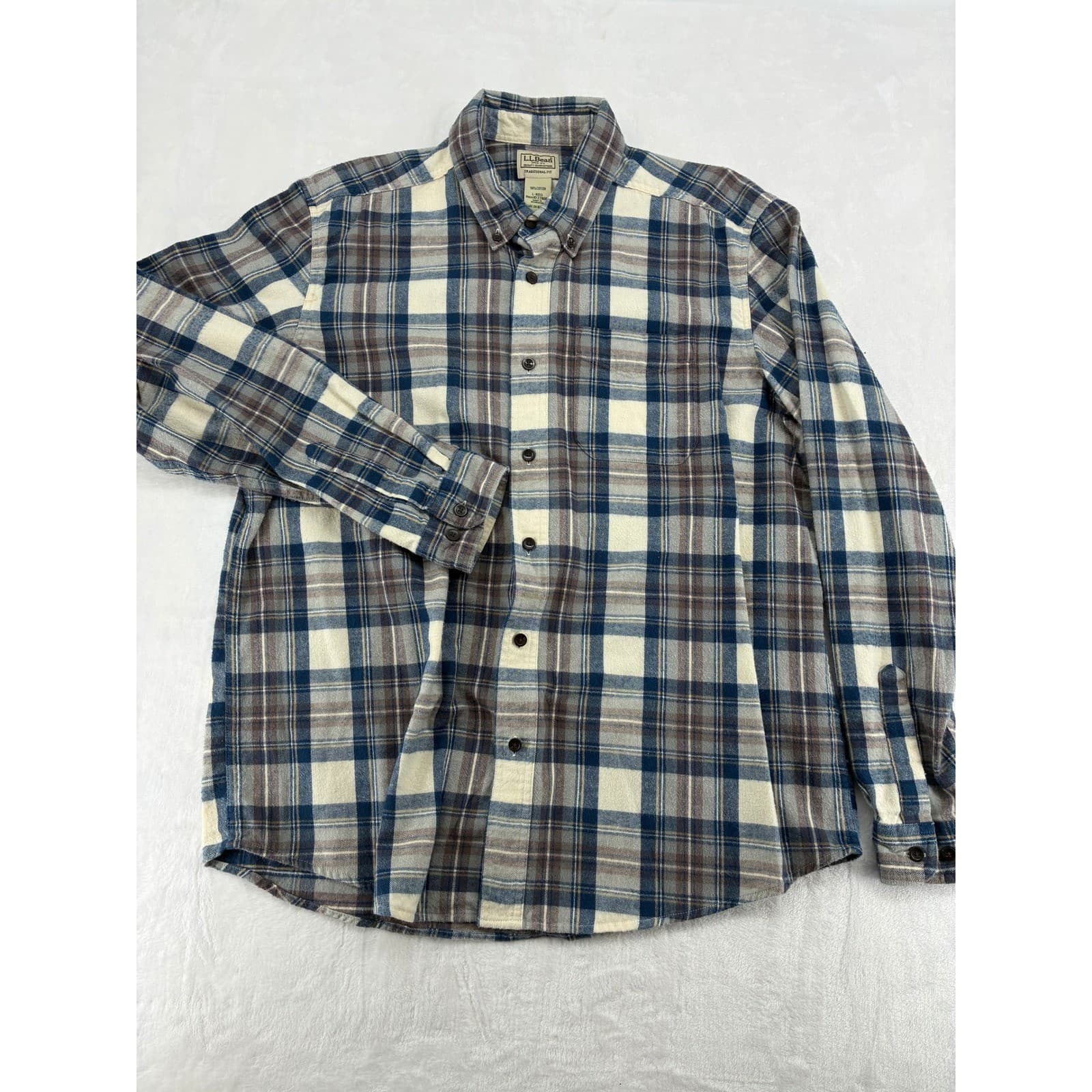 L.L. Bean Shirt Mens L Button Down Plaid Blue Brown Traditional Fit 228061