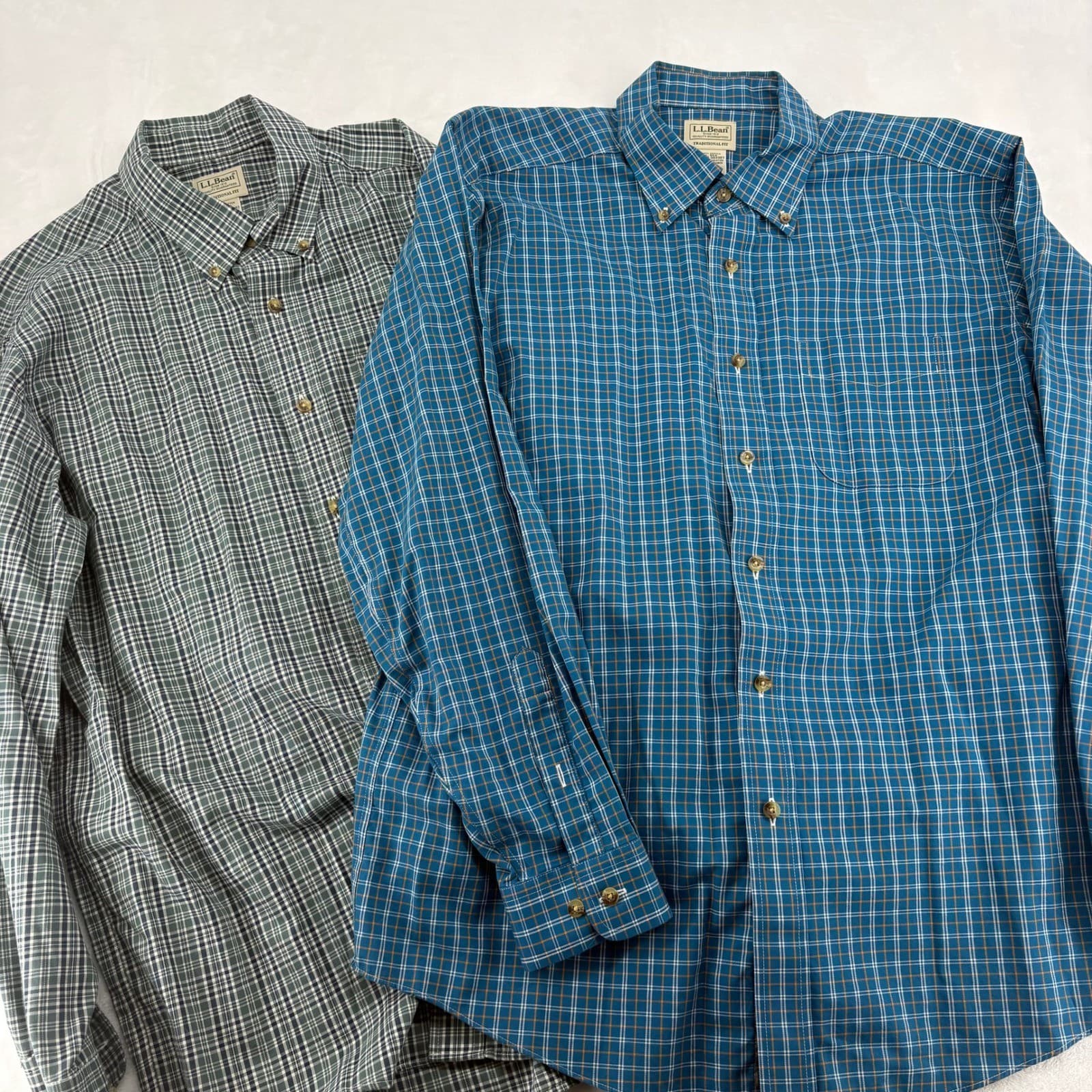 L.L. Bean Shirt Mens L Button Down Plaid Blue Green Traditional Fit Set of 2