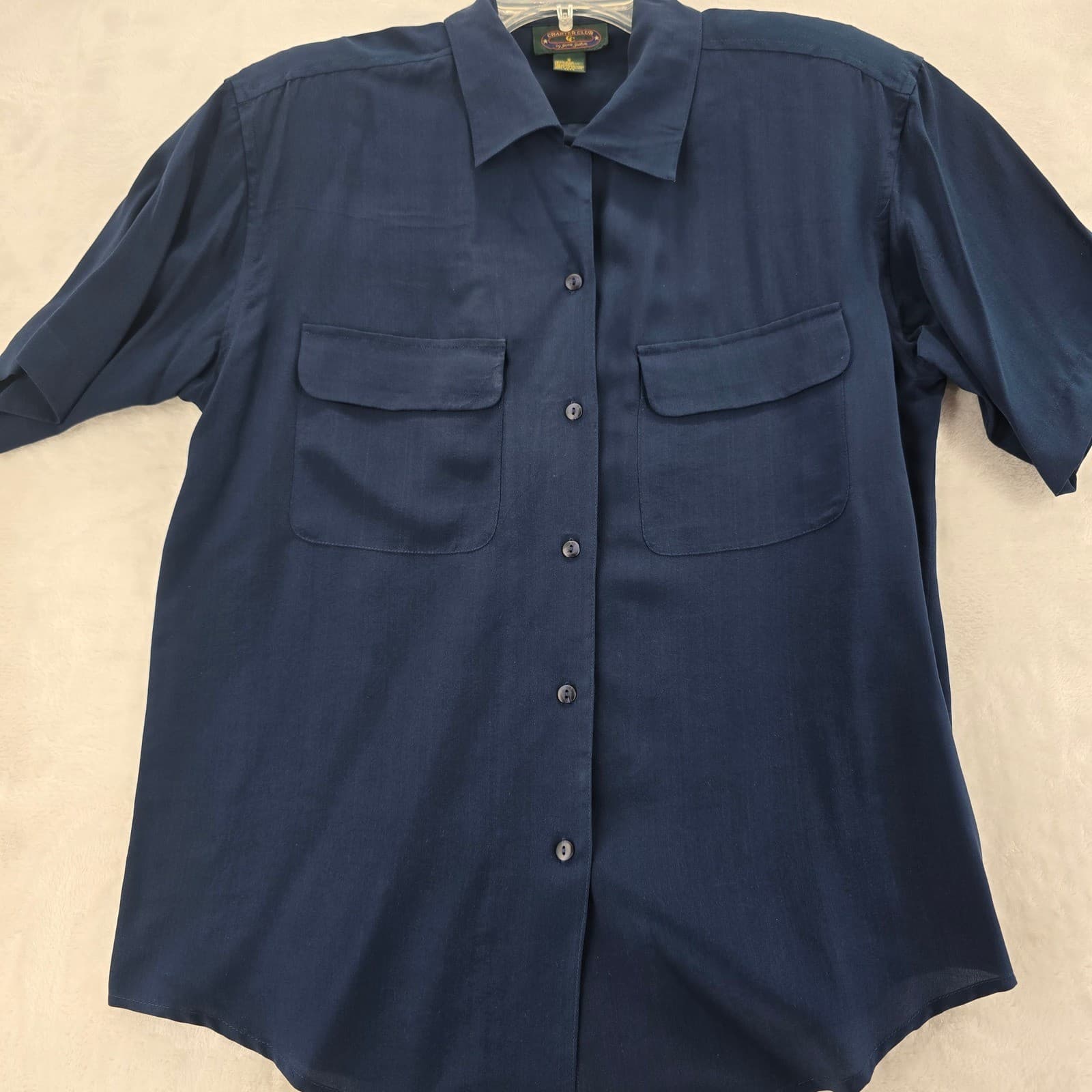 Charter Club Button Down Womens 8 Blouse Navy Blue 100% Silk Short Sleeve Pocket