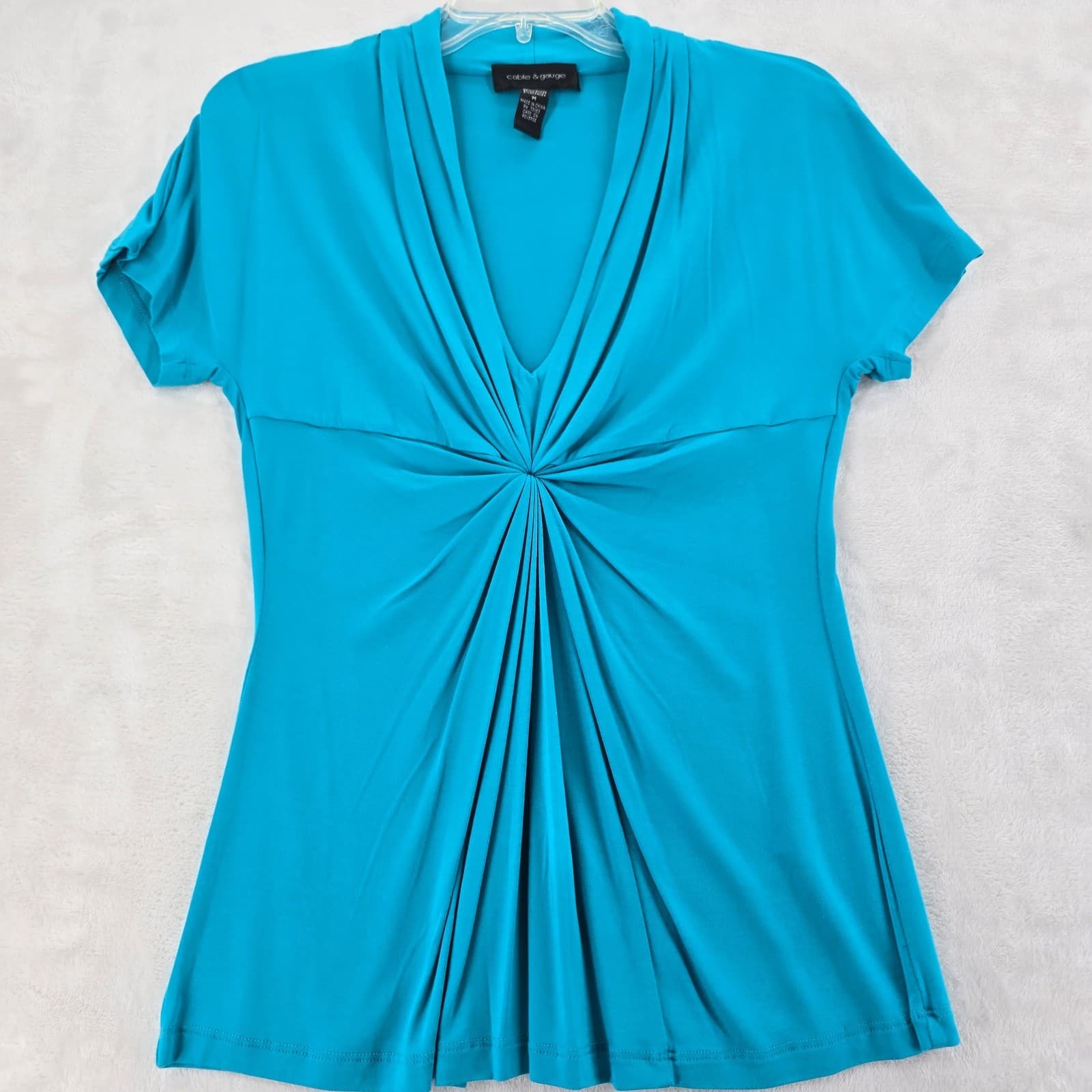 Cable & Gauge Top Womens Medium Shirt Teal Blue V-Neck Twist Front Short Sleeve