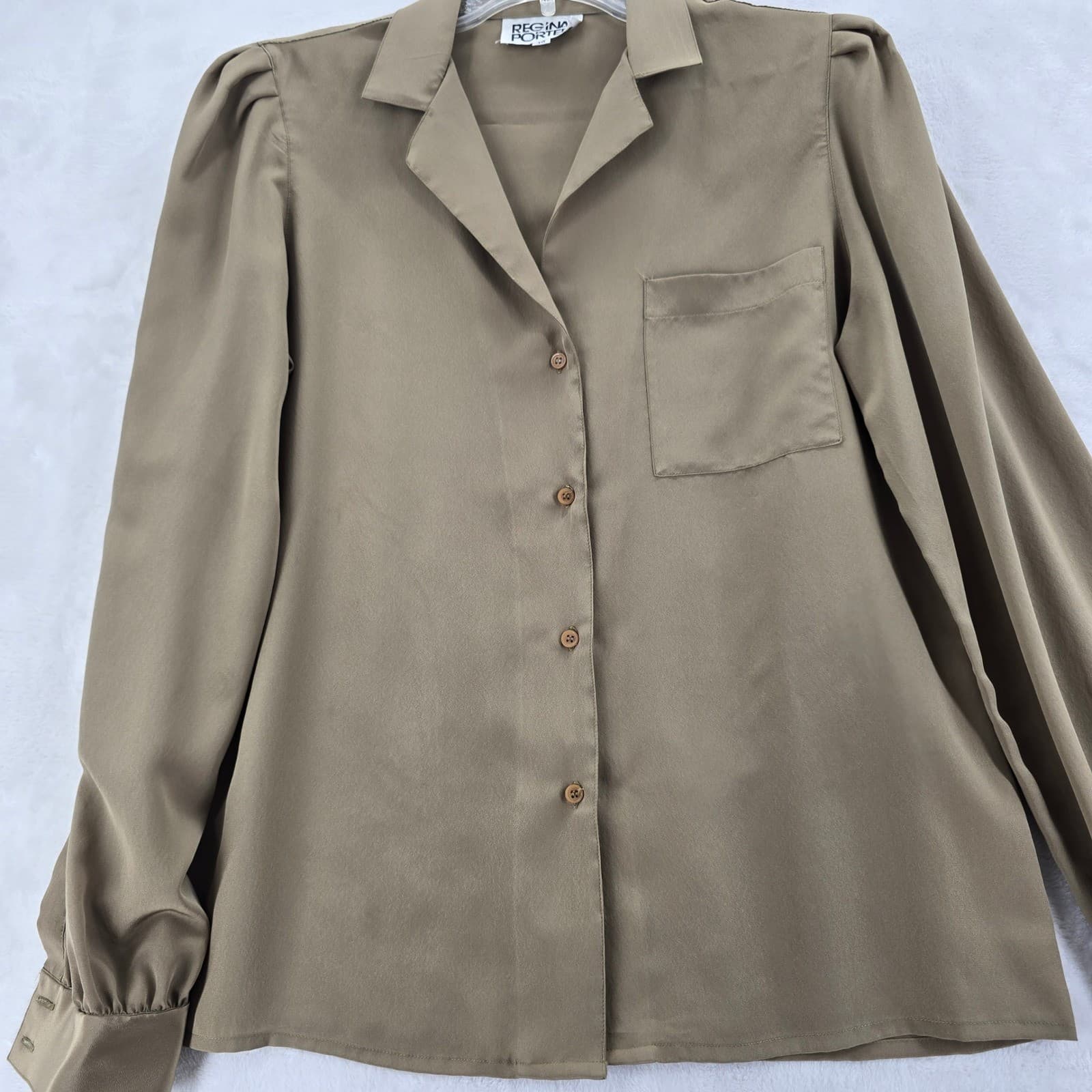 Regina Porter Blouse Womens Button Up Taupe Long Sleeve Puffed Shoulder Vintage