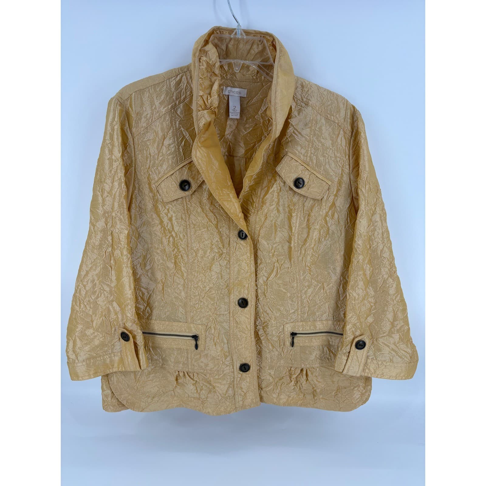 Chico's Women's Tan Crinkle Jacket Collared 3/4 Sleeve Button Front Size 2