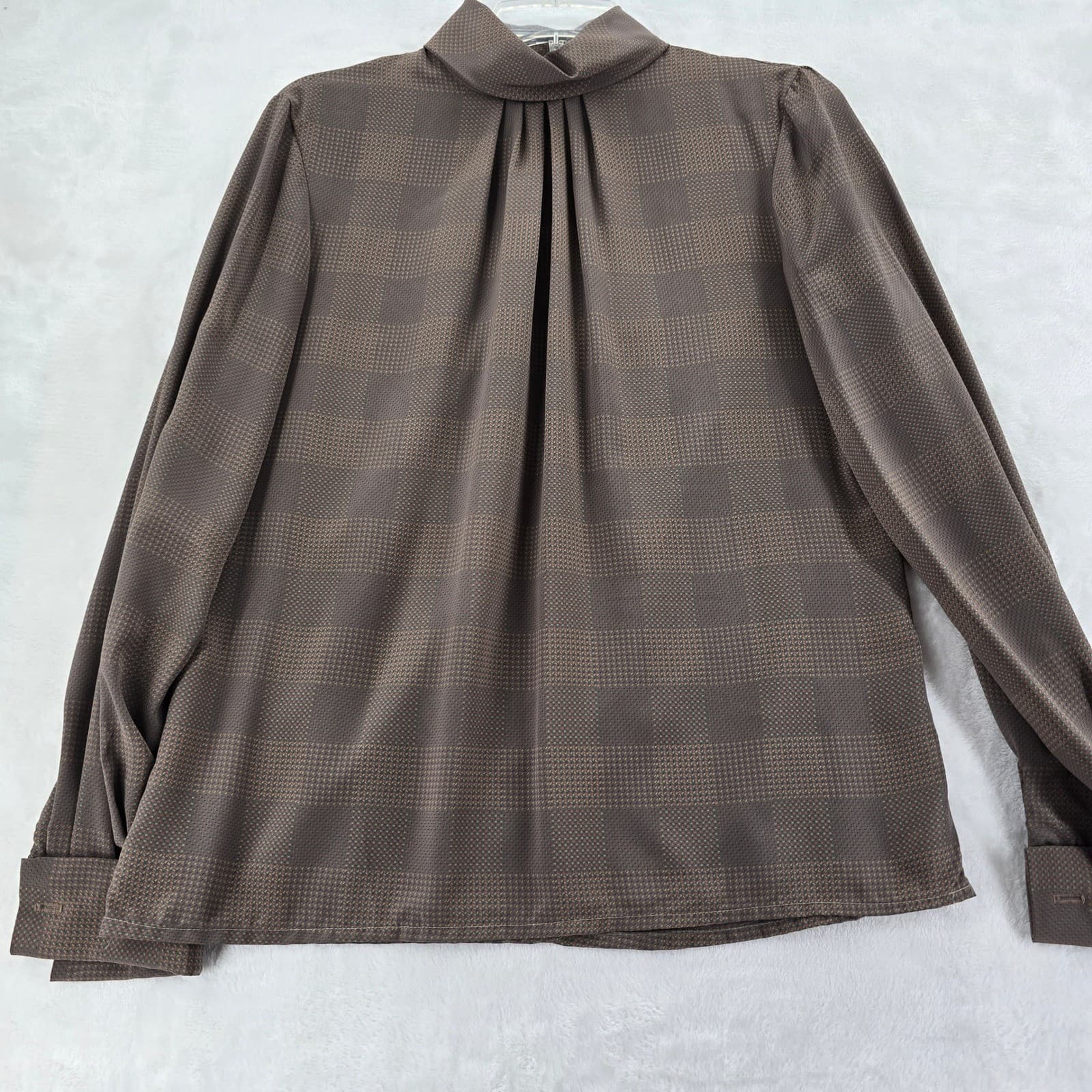 Laurence Vintage Blouse Womens Large Brown Check Mock Neck Long Sleeve L