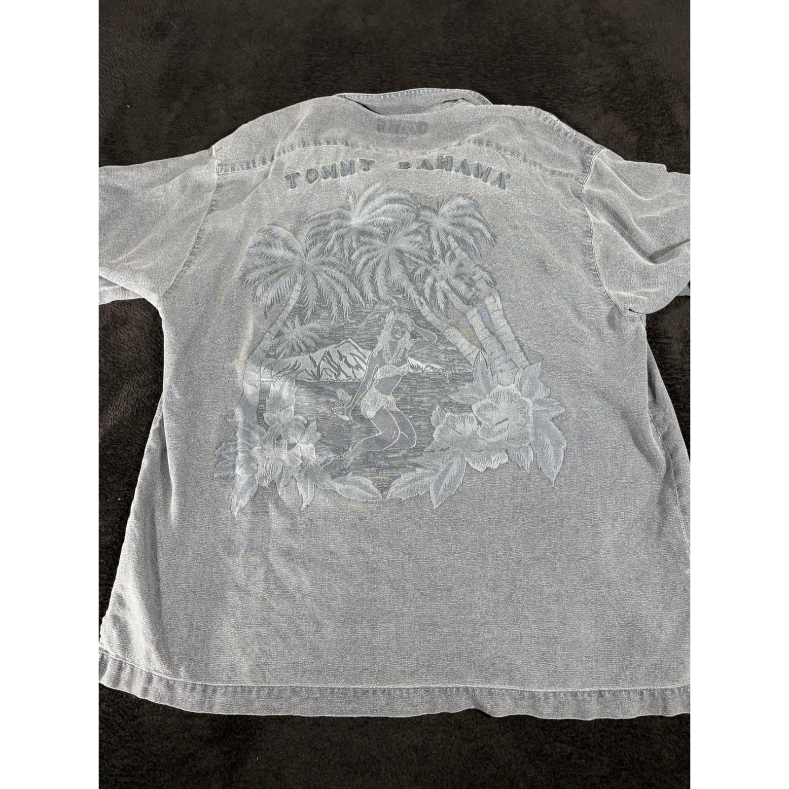 Tommy Bahama Silk Hawaiian Shirt Gray Hula Girl Palm Trees Mens Large
