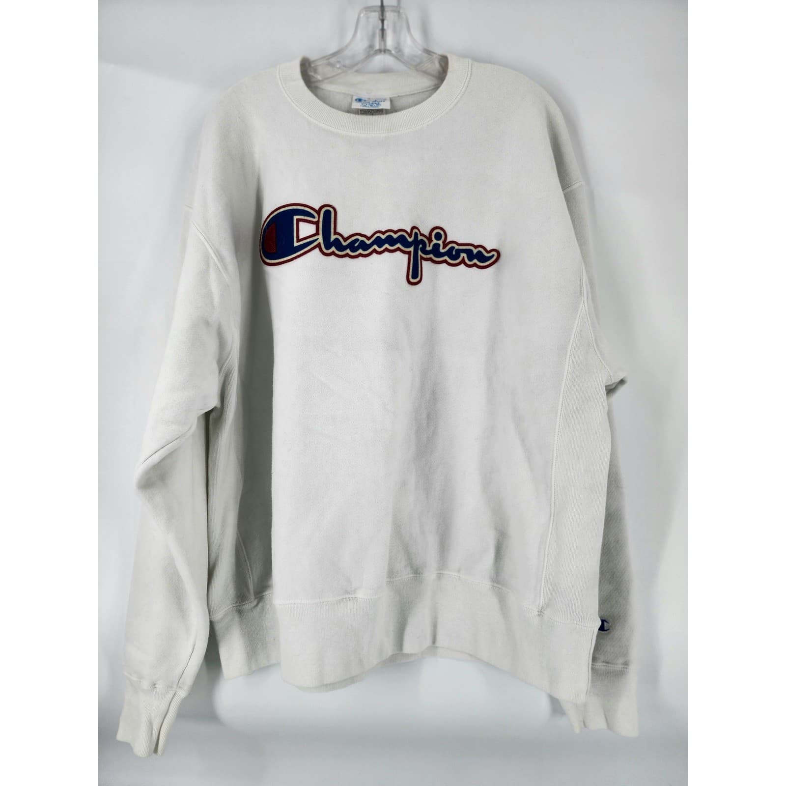 Champion Reverse Weave Crewneck Sweatshirt White Large Logo Spell Out Men's