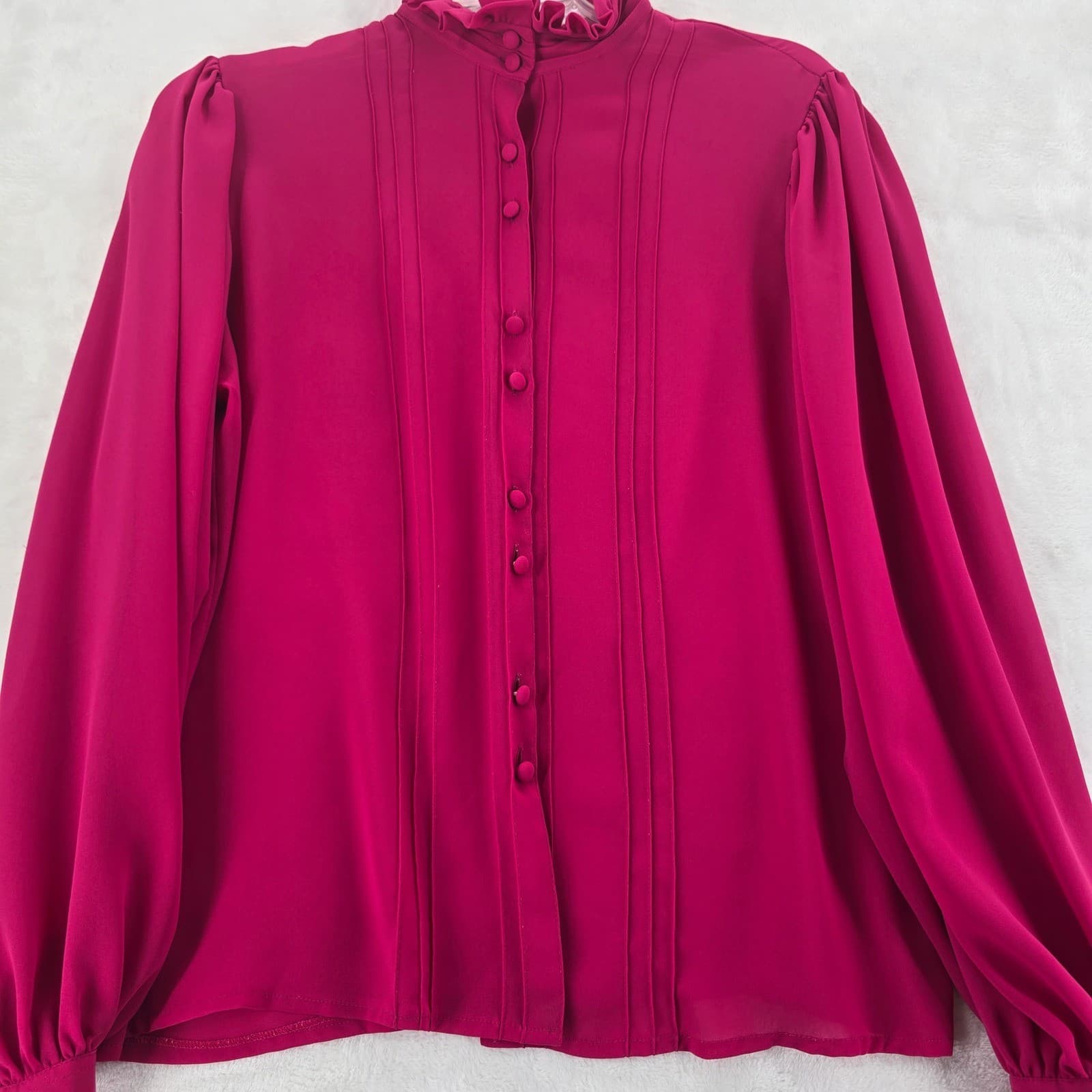 Josephine Blouse Womens Large Blouse Pink Ruffle Neck Button Front Pleated