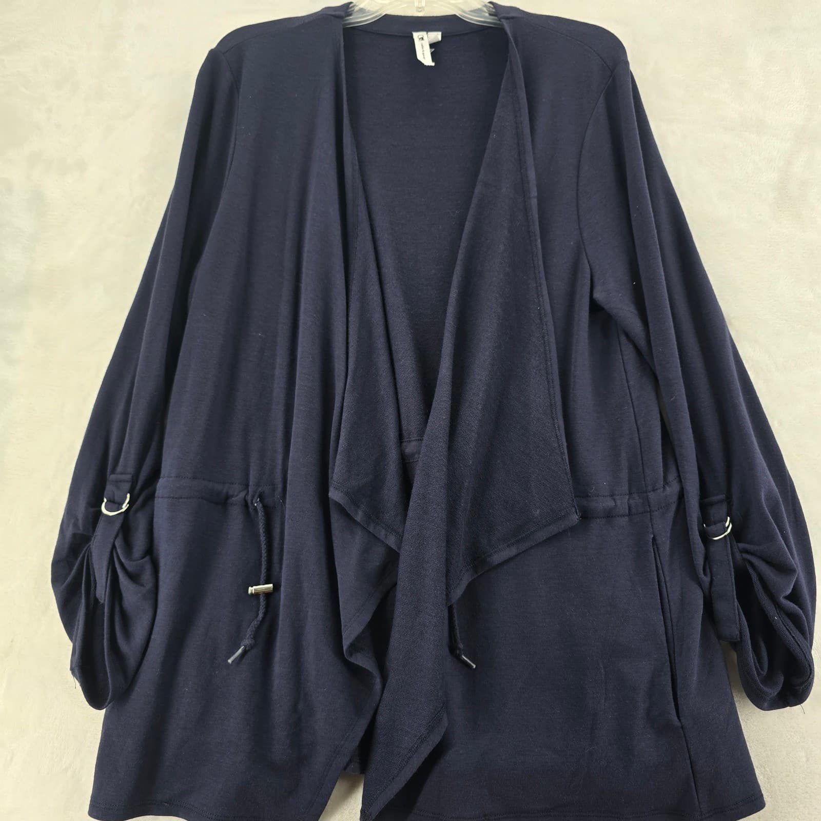 Cable & Gauge Cardigan Womens Large Open Front Navy Blue Draped Drawstring