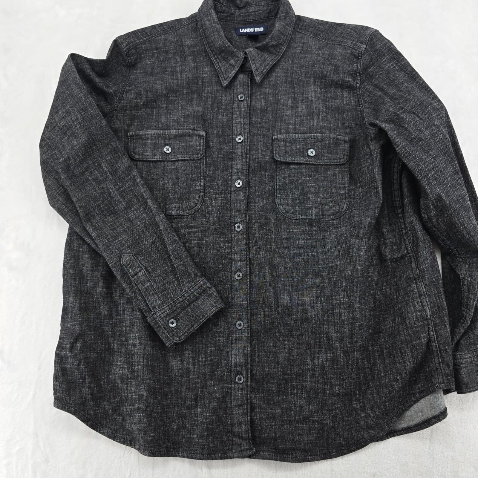 Lands' End Button Down Womens XL/P 18 Shirt Black Cotton Stretch Long Sleeve