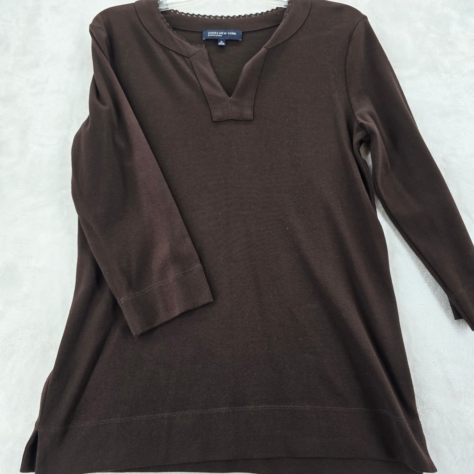 Jones New York Top Womens M Shirt Brown Cotton Split Neck 3/4 Sleeve