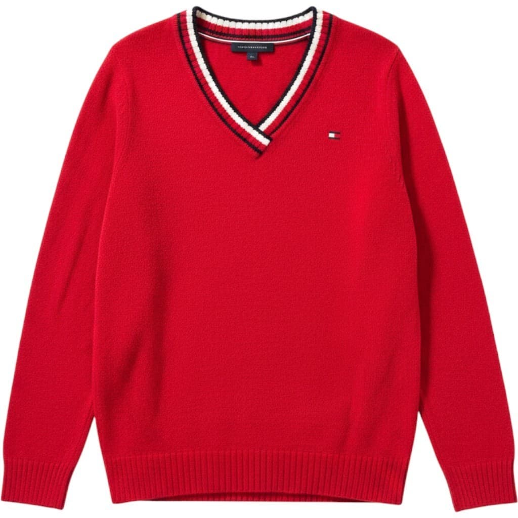Tommy Hilfiger Sweater Mens L Red V-Neck Knit Pullover Classic Fit Large