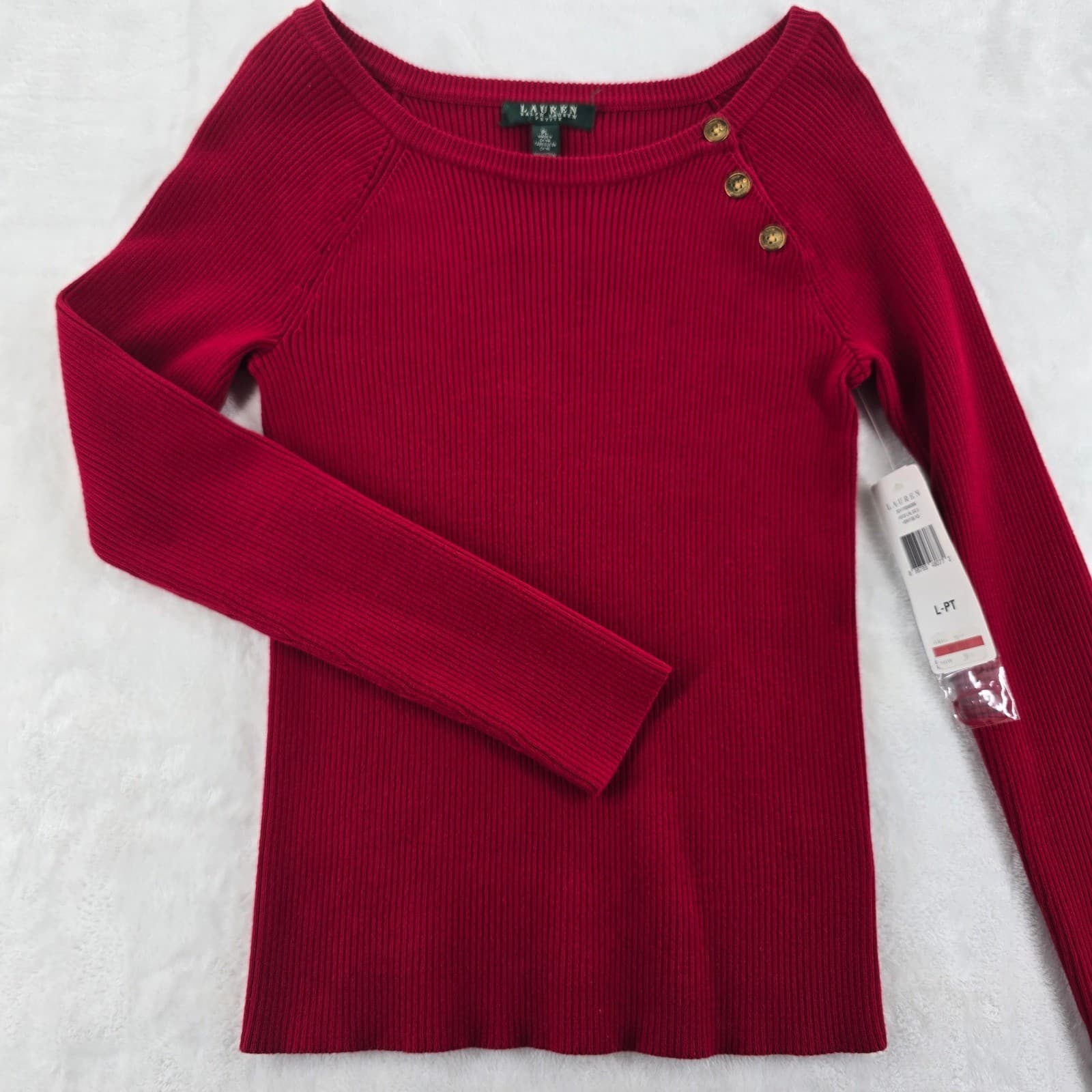 Lauren Ralph Lauren Sweater Womens PL Pullover Red Ribbed Button Shoulder NWT