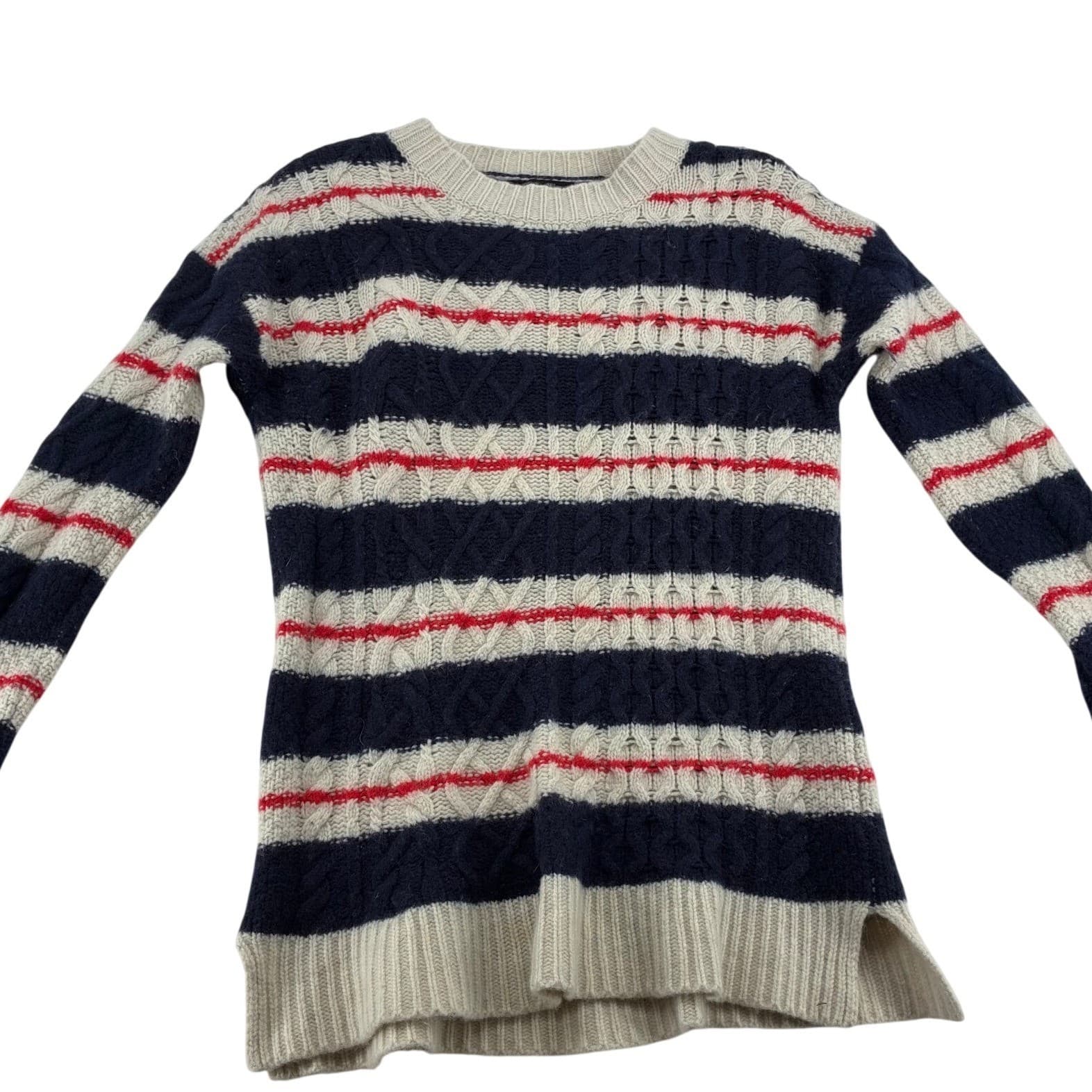 J. Crew Sweater Mens M Sweater Navy Cream Red Striped Cable Knit Merino Wool