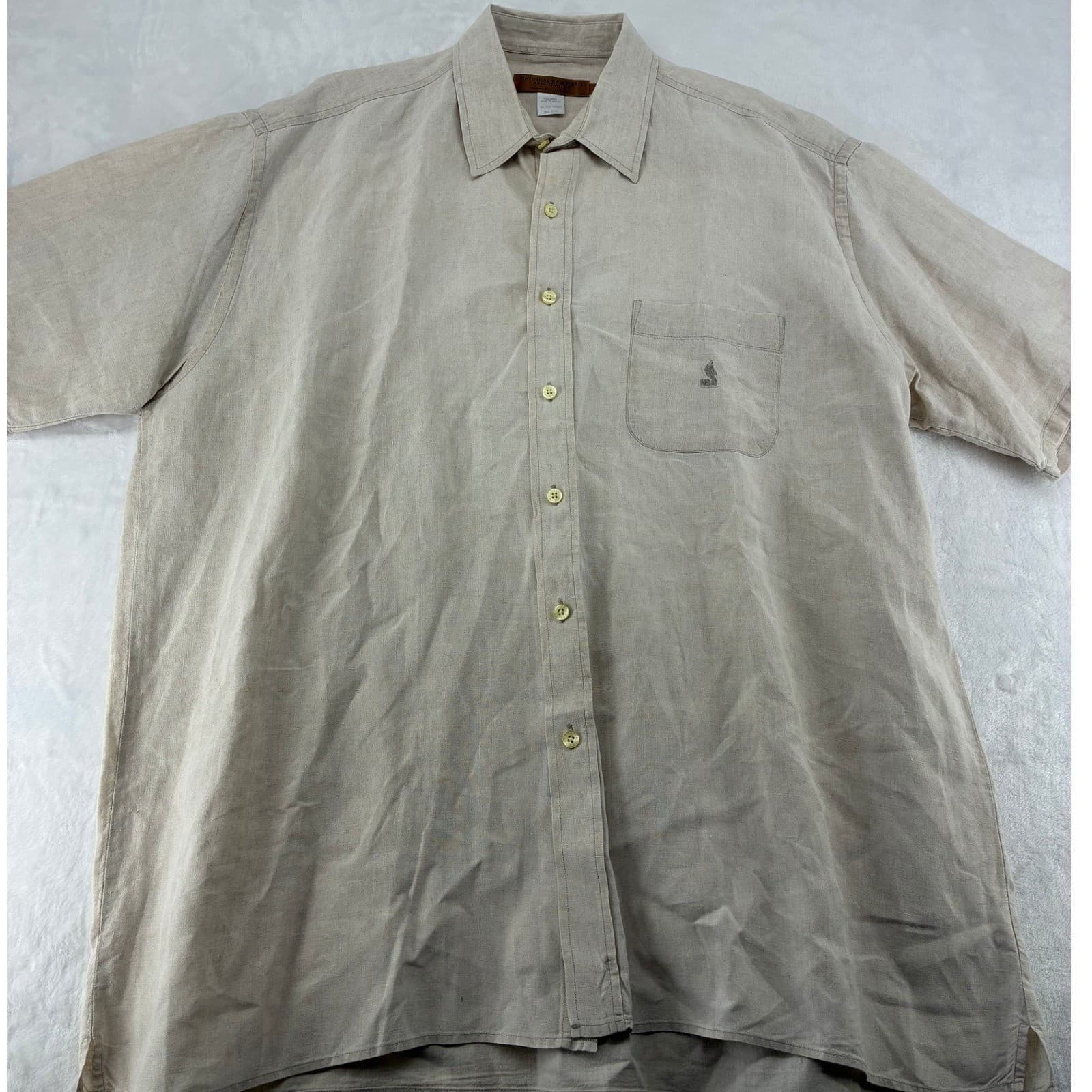 NBA Button Up Mens XXL Shirt Tan 100% Linen Short Sleeve Pocket Beige